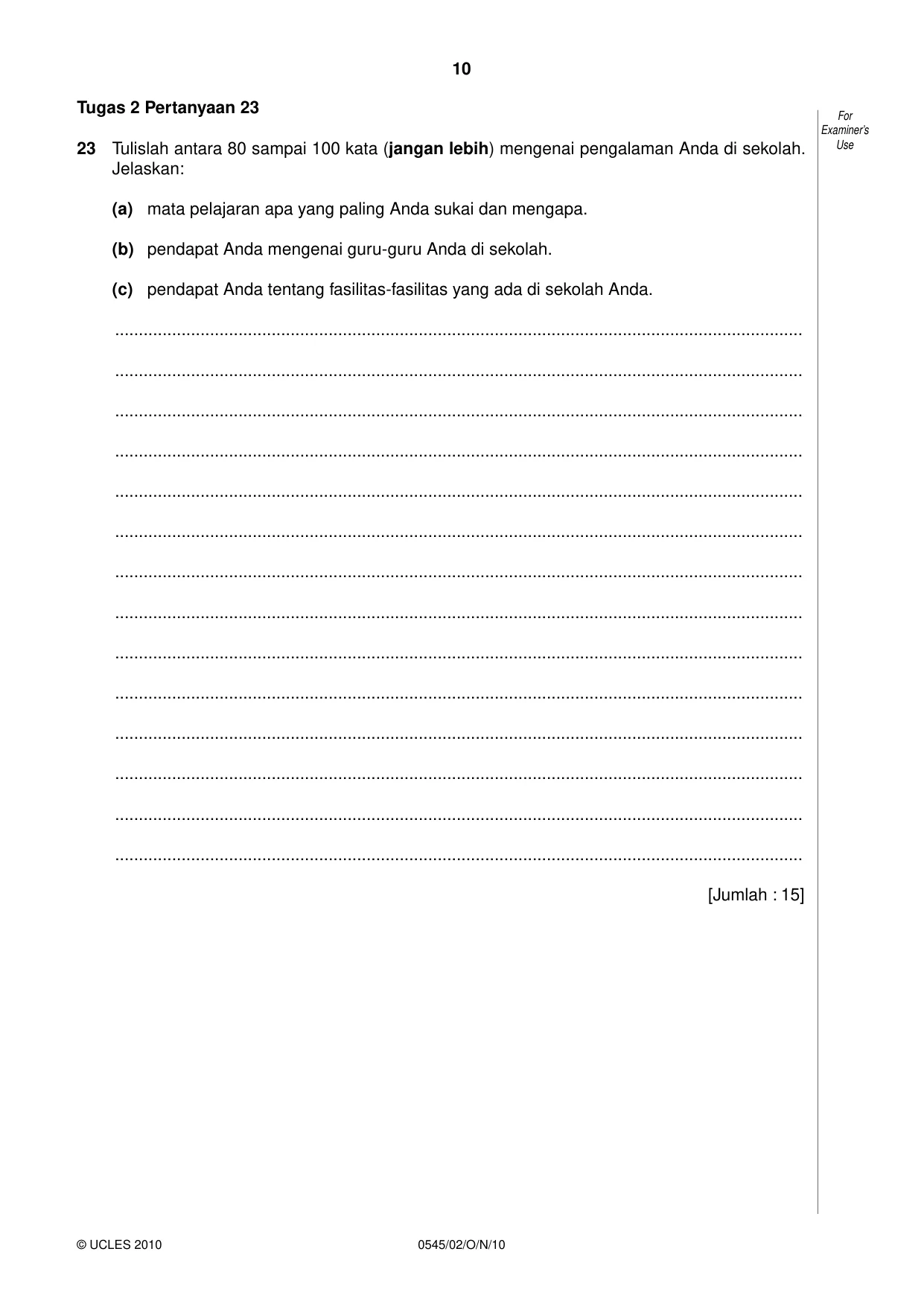 Cambridge IGCSE Indonesian - Foreign Language 0545 2010 Oct/Nov Paper 2 · Variant 1 question paper, page 10 of 16