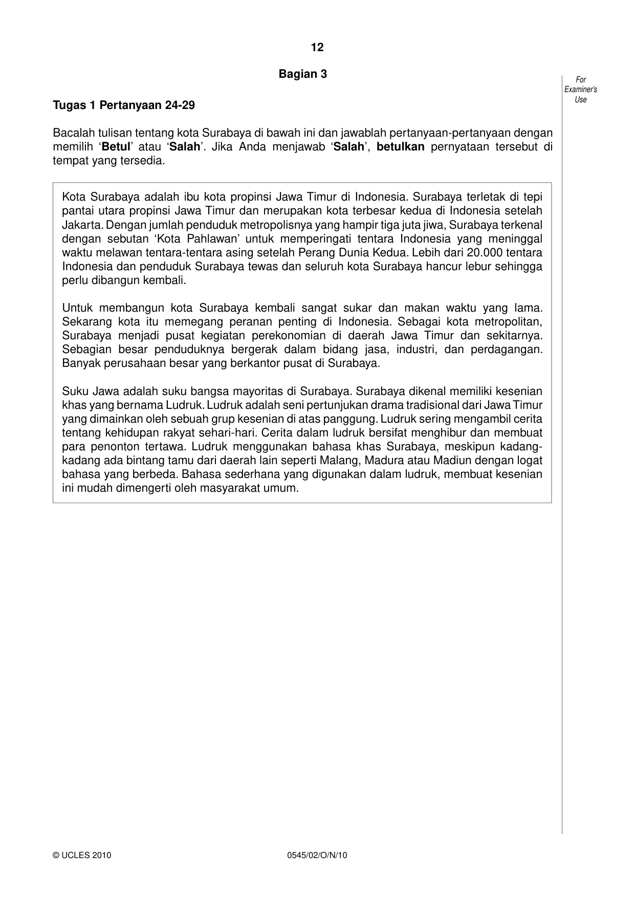 Cambridge IGCSE Indonesian - Foreign Language 0545 2010 Oct/Nov Paper 2 · Variant 1 question paper, page 12 of 16