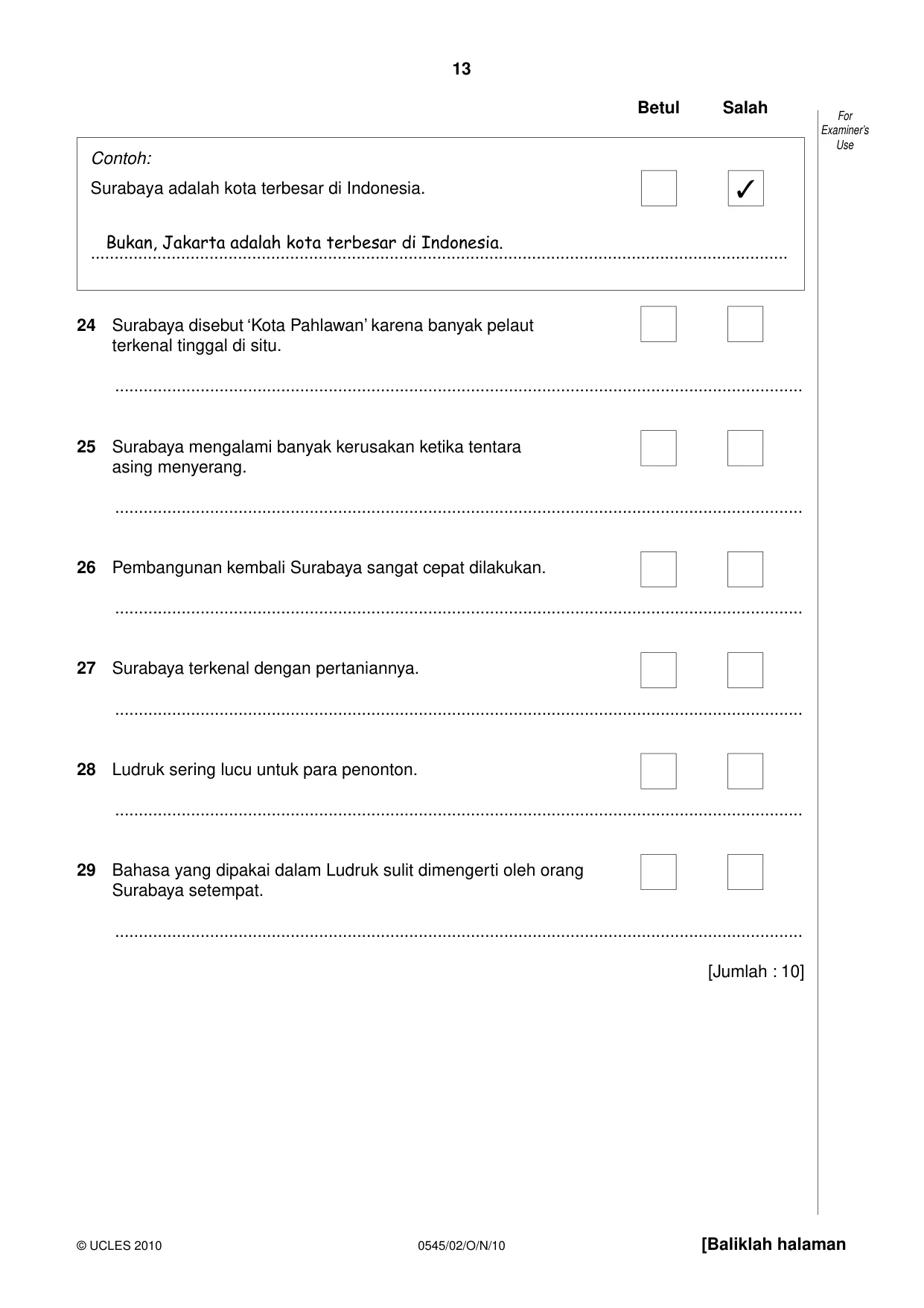 Cambridge IGCSE Indonesian - Foreign Language 0545 2010 Oct/Nov Paper 2 · Variant 1 question paper, page 13 of 16