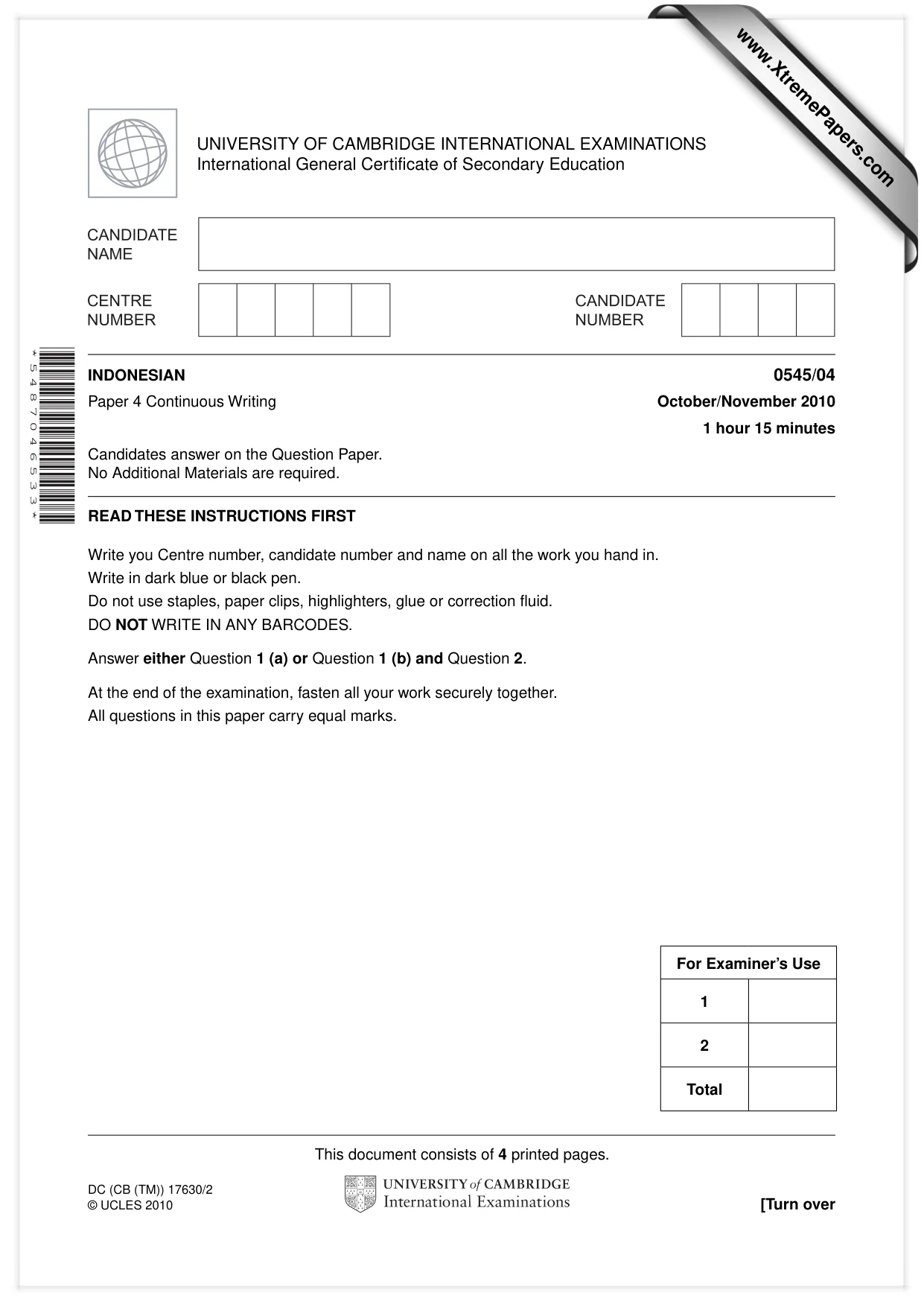 Cambridge IGCSE Indonesian - Foreign Language 0545 2010 Oct/Nov Paper 4 · Variant 1 question paper, page 1 of 4