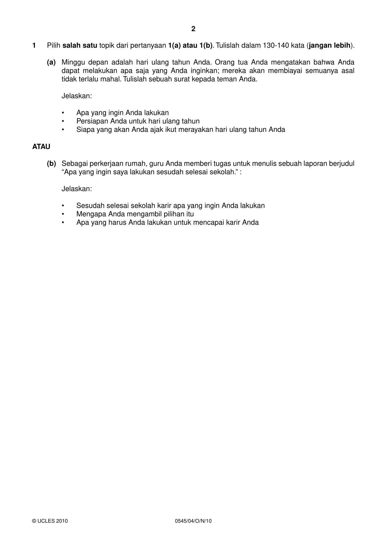 Cambridge IGCSE Indonesian - Foreign Language 0545 2010 Oct/Nov Paper 4 · Variant 1 question paper, page 2 of 4