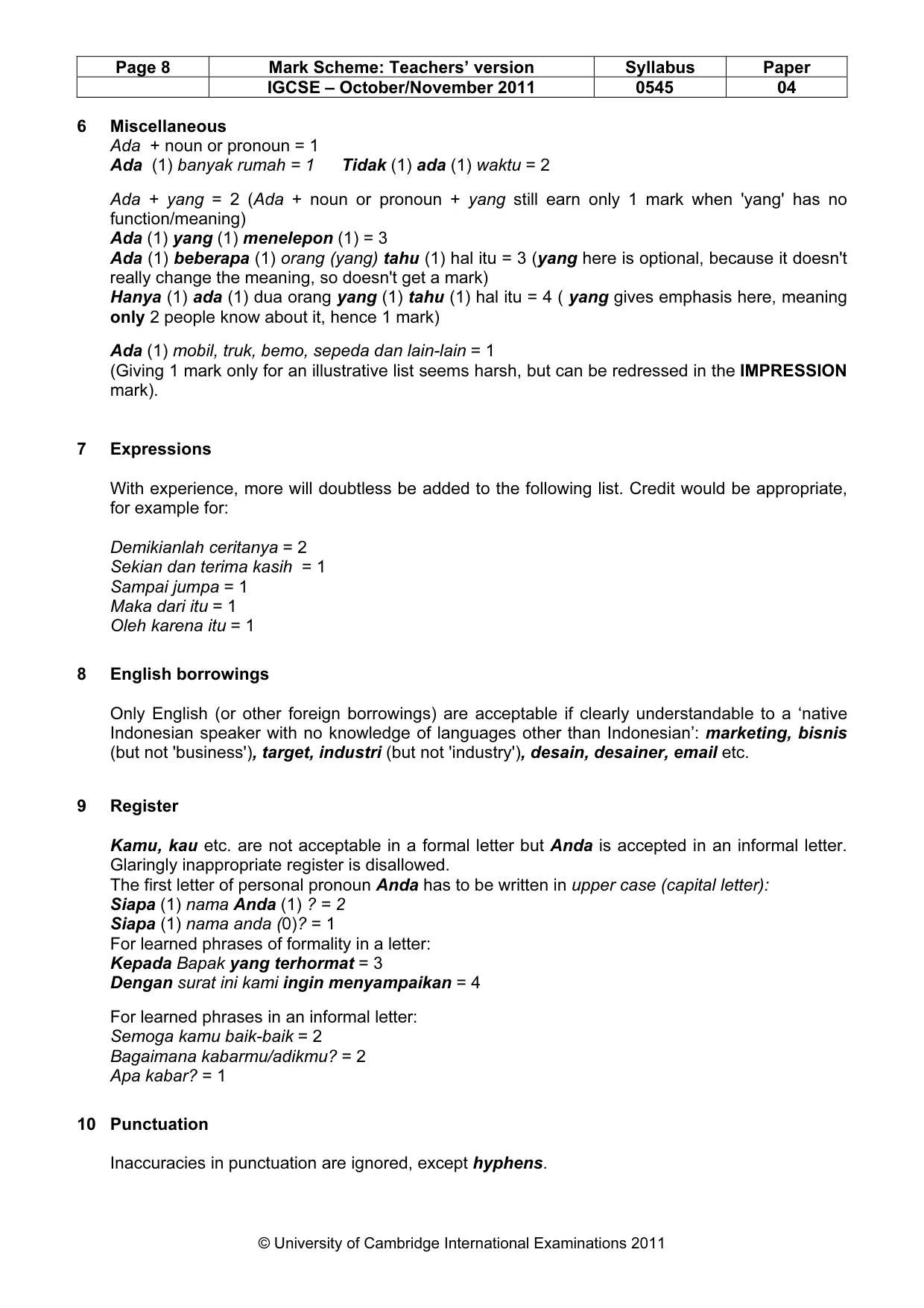 Mark scheme, page 8 of 11