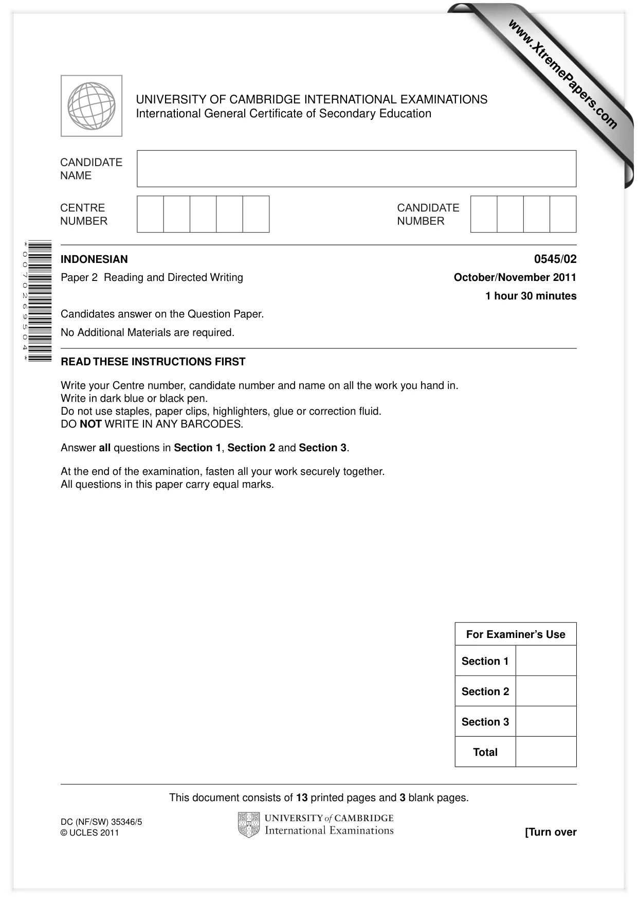 Cambridge IGCSE Indonesian - Foreign Language 0545 2011 Oct/Nov Paper 2 · Variant 1 question paper, page 1 of 16
