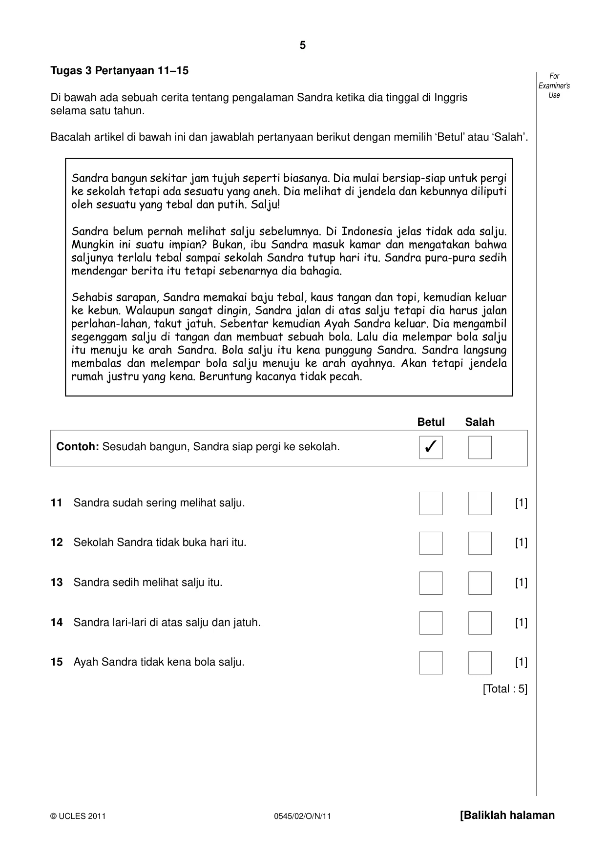 Cambridge IGCSE Indonesian - Foreign Language 0545 2011 Oct/Nov Paper 2 · Variant 1 question paper, page 5 of 16