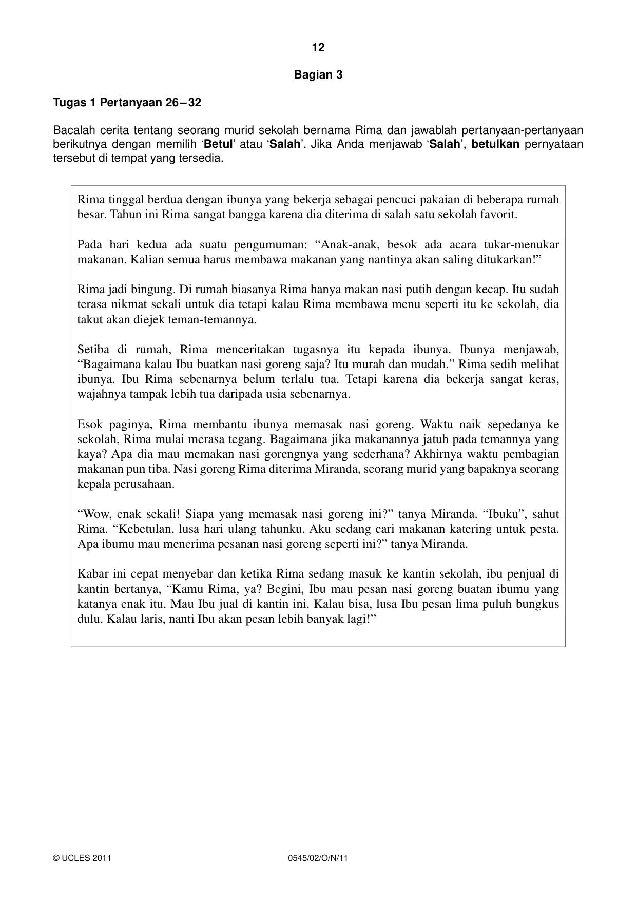 Cambridge IGCSE Indonesian - Foreign Language 0545 2011 Oct/Nov Paper 2 · Variant 1 question paper, page 12 of 16