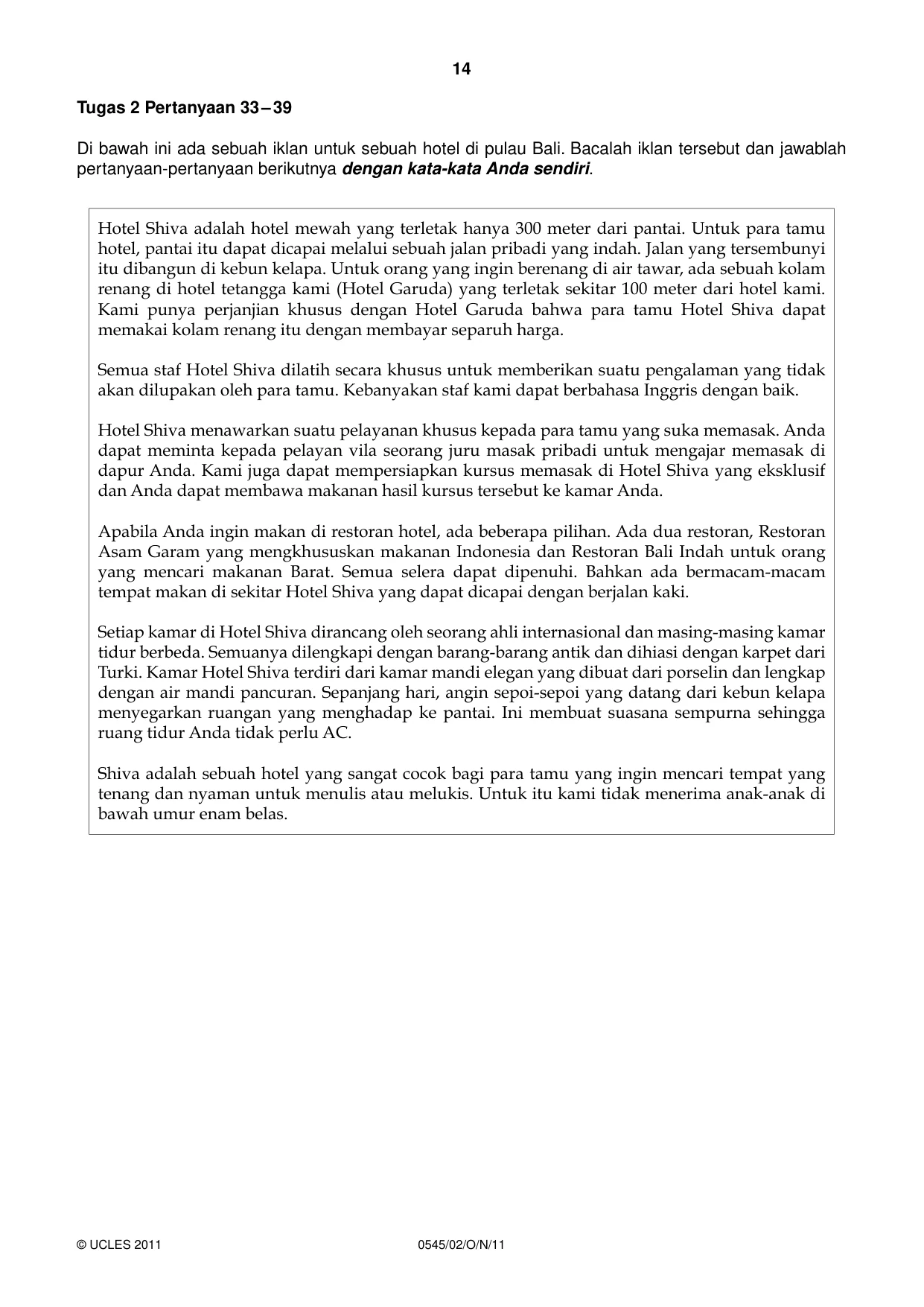 Cambridge IGCSE Indonesian - Foreign Language 0545 2011 Oct/Nov Paper 2 · Variant 1 question paper, page 14 of 16