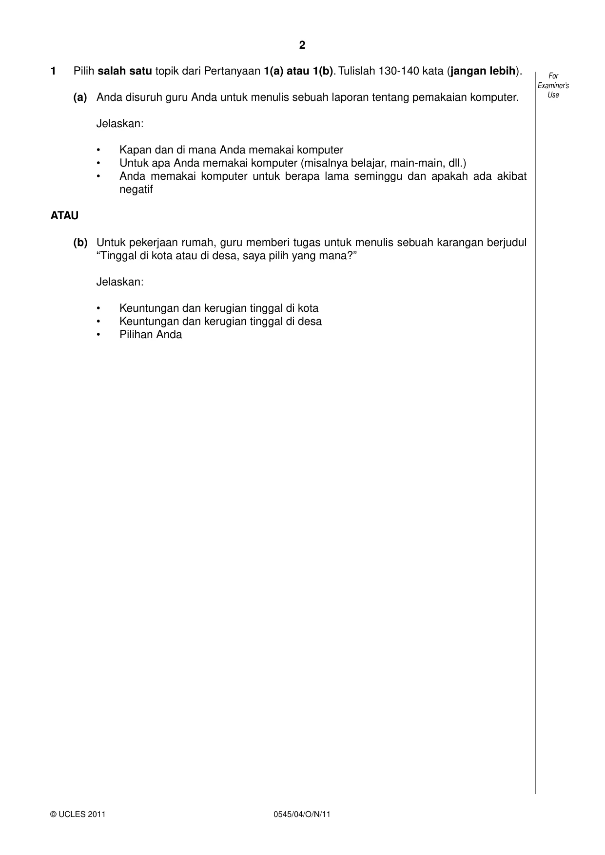 Cambridge IGCSE Indonesian - Foreign Language 0545 2011 Oct/Nov Paper 4 · Variant 1 question paper, page 2 of 4