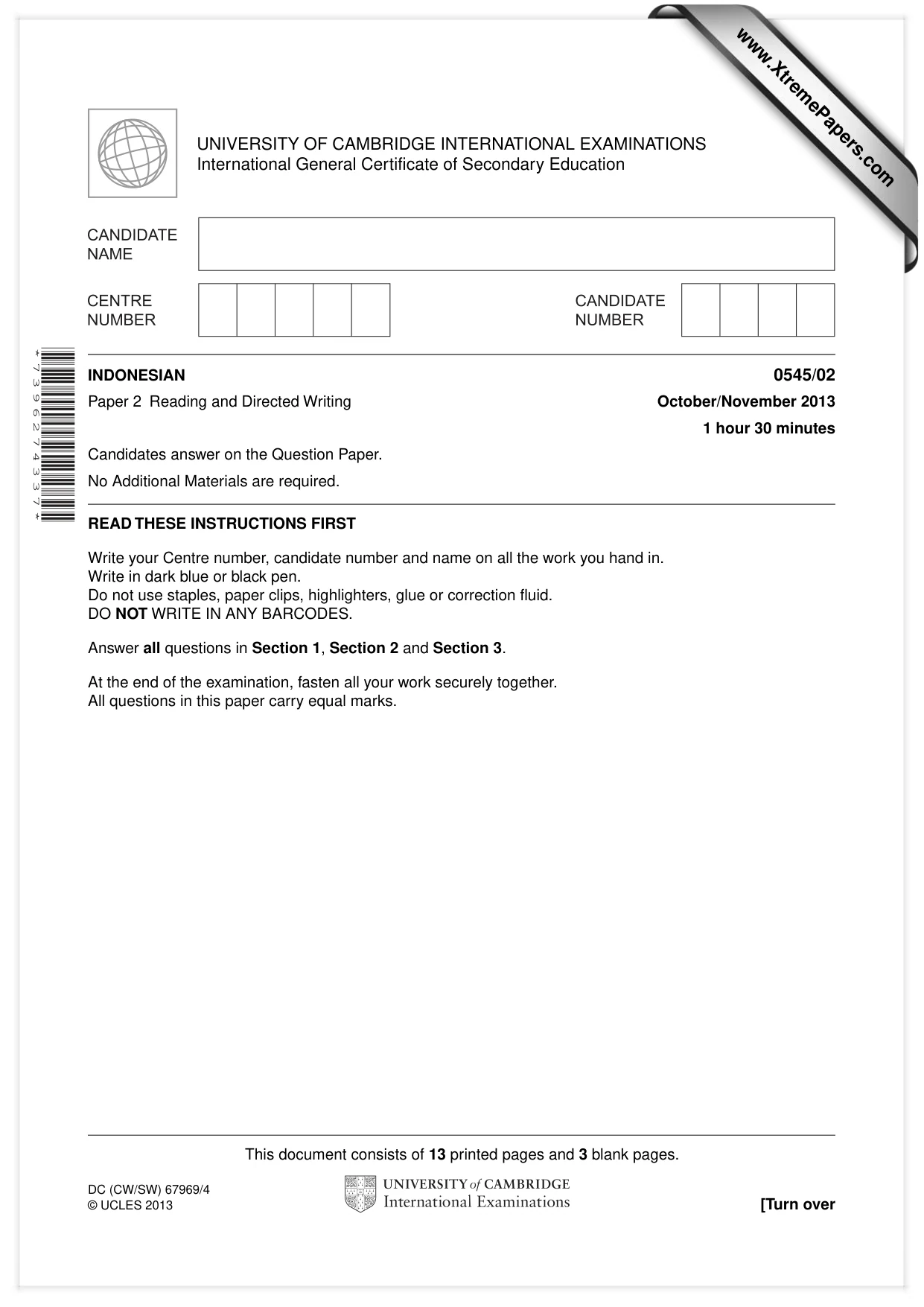 Cambridge IGCSE Indonesian - Foreign Language 0545 2013 Oct/Nov Paper 2 · Variant 1 question paper, page 1 of 16