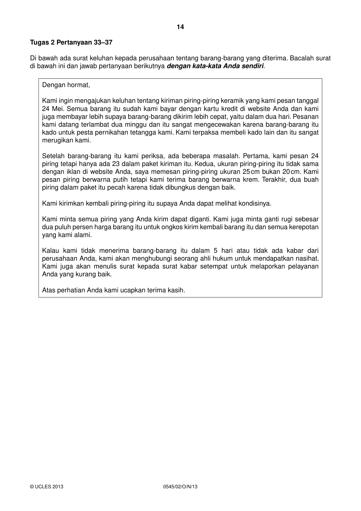 Cambridge IGCSE Indonesian - Foreign Language 0545 2013 Oct/Nov Paper 2 · Variant 1 question paper, page 14 of 16