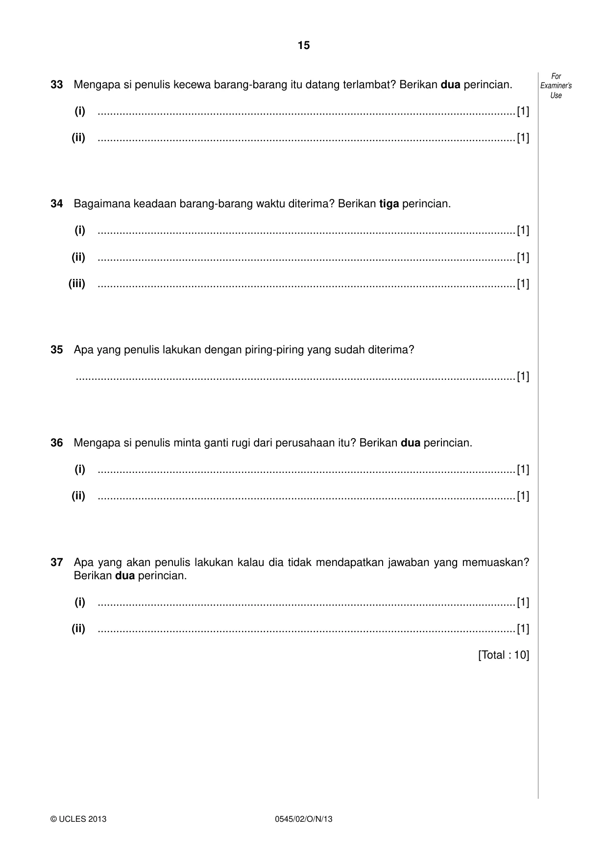 Cambridge IGCSE Indonesian - Foreign Language 0545 2013 Oct/Nov Paper 2 · Variant 1 question paper, page 15 of 16