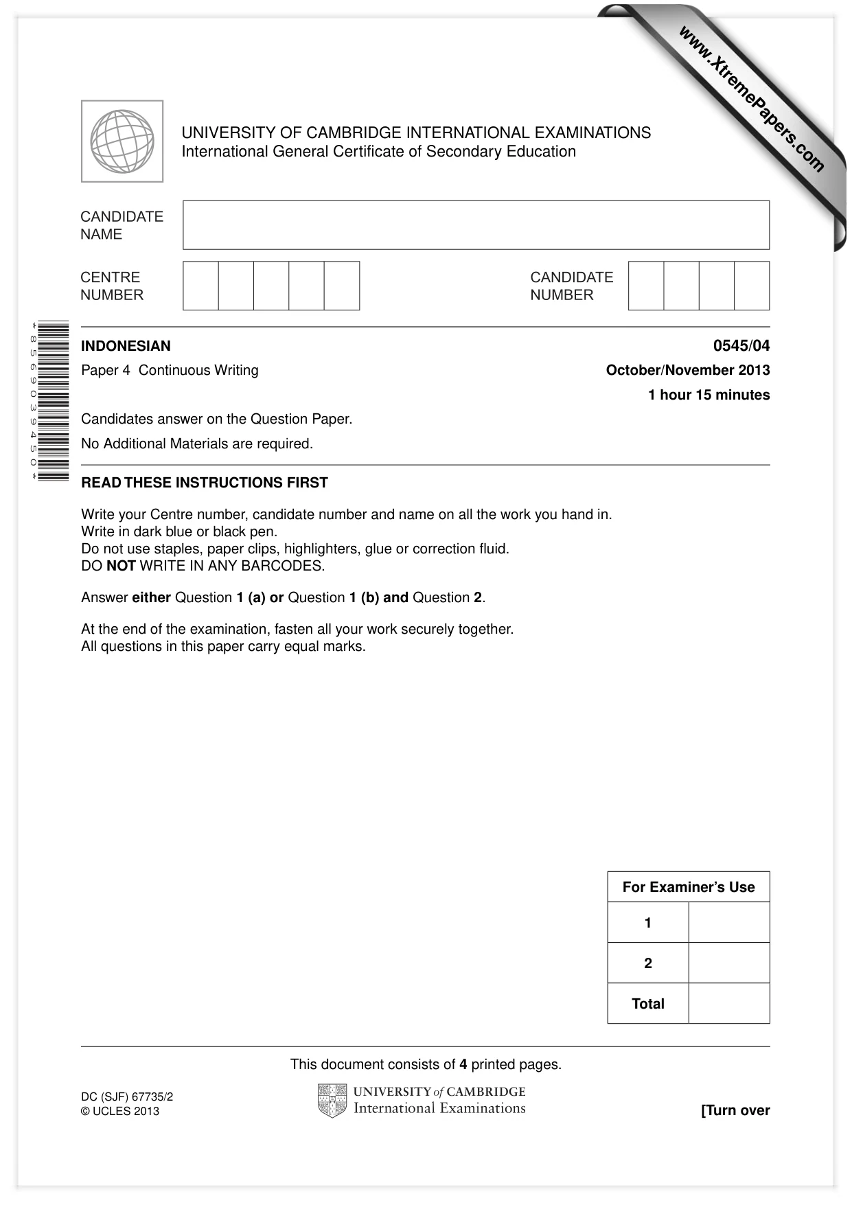Cambridge IGCSE Indonesian - Foreign Language 0545 2013 Oct/Nov Paper 4 · Variant 1 question paper, page 1 of 4