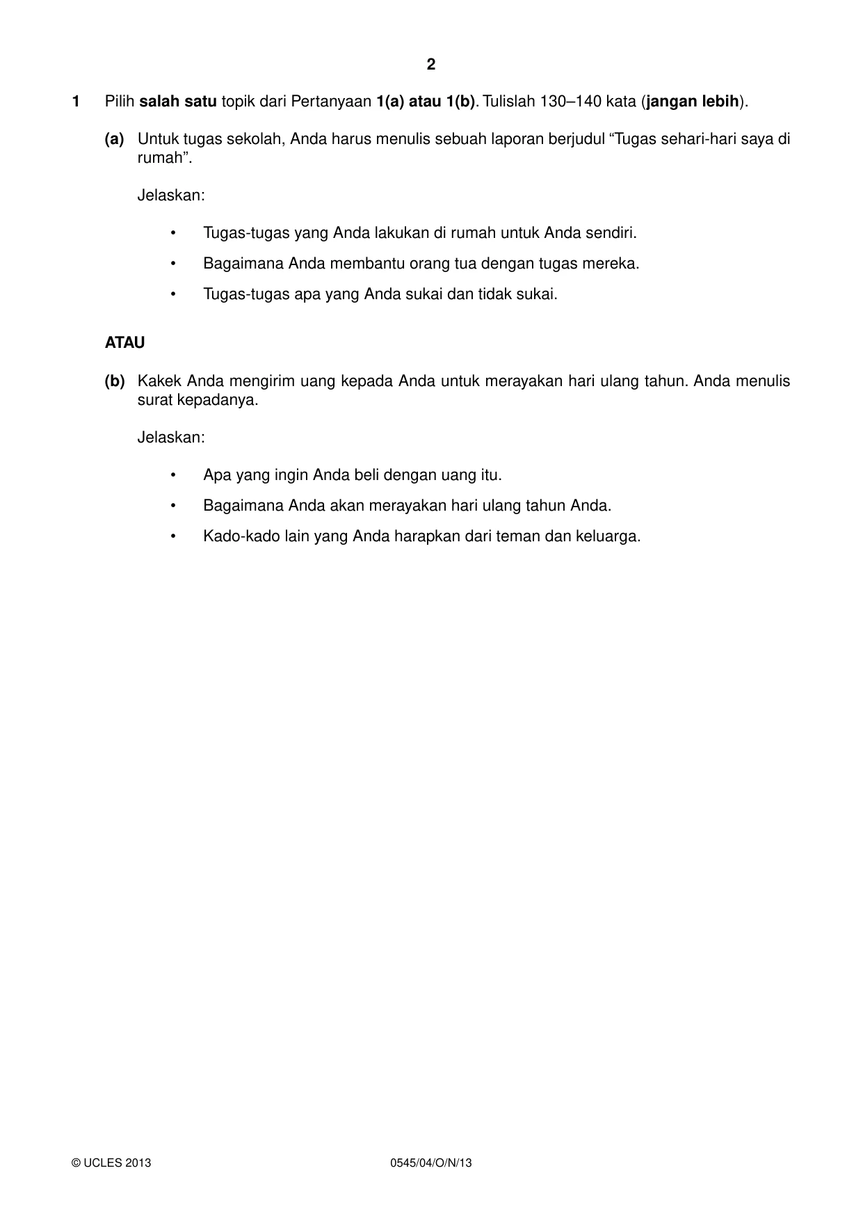 Cambridge IGCSE Indonesian - Foreign Language 0545 2013 Oct/Nov Paper 4 · Variant 1 question paper, page 2 of 4