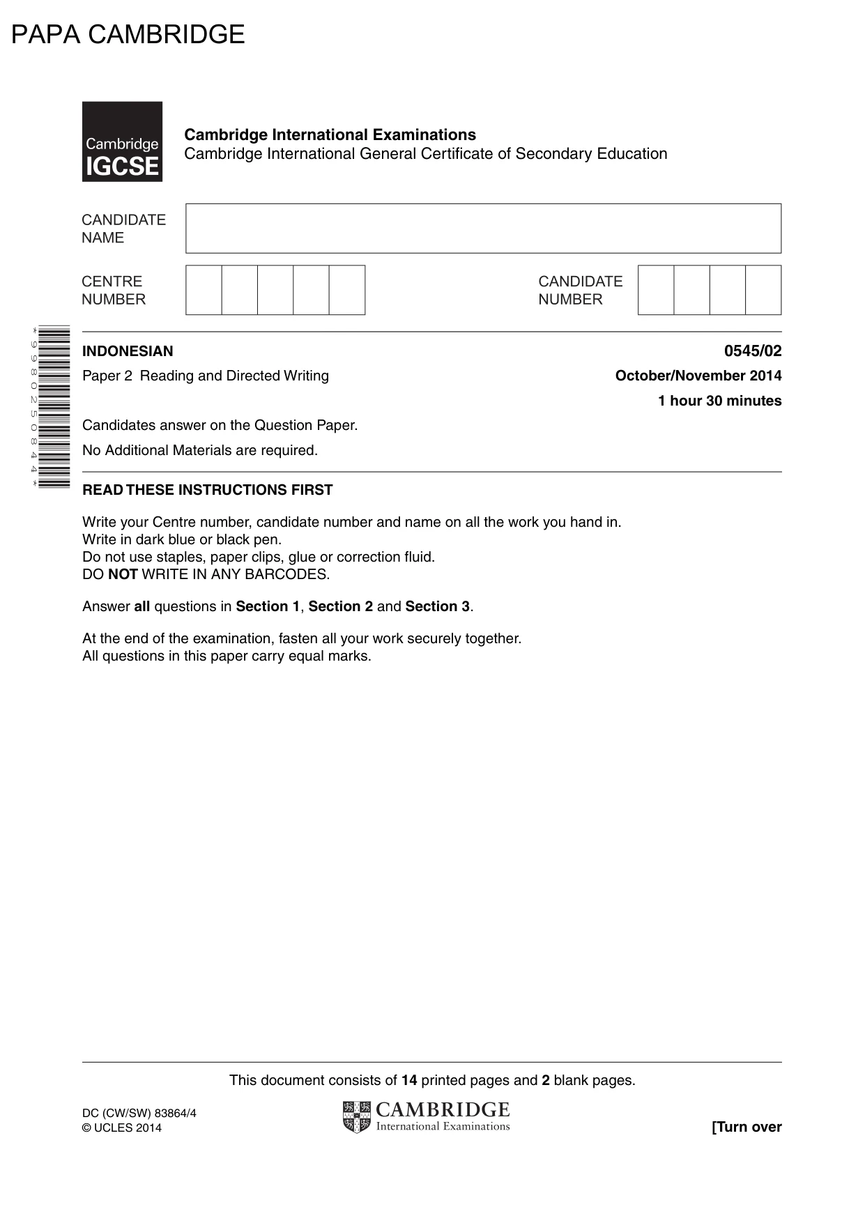 Cambridge IGCSE Indonesian - Foreign Language 0545 2014 Oct/Nov Paper 2 · Variant 1 question paper, page 1 of 16