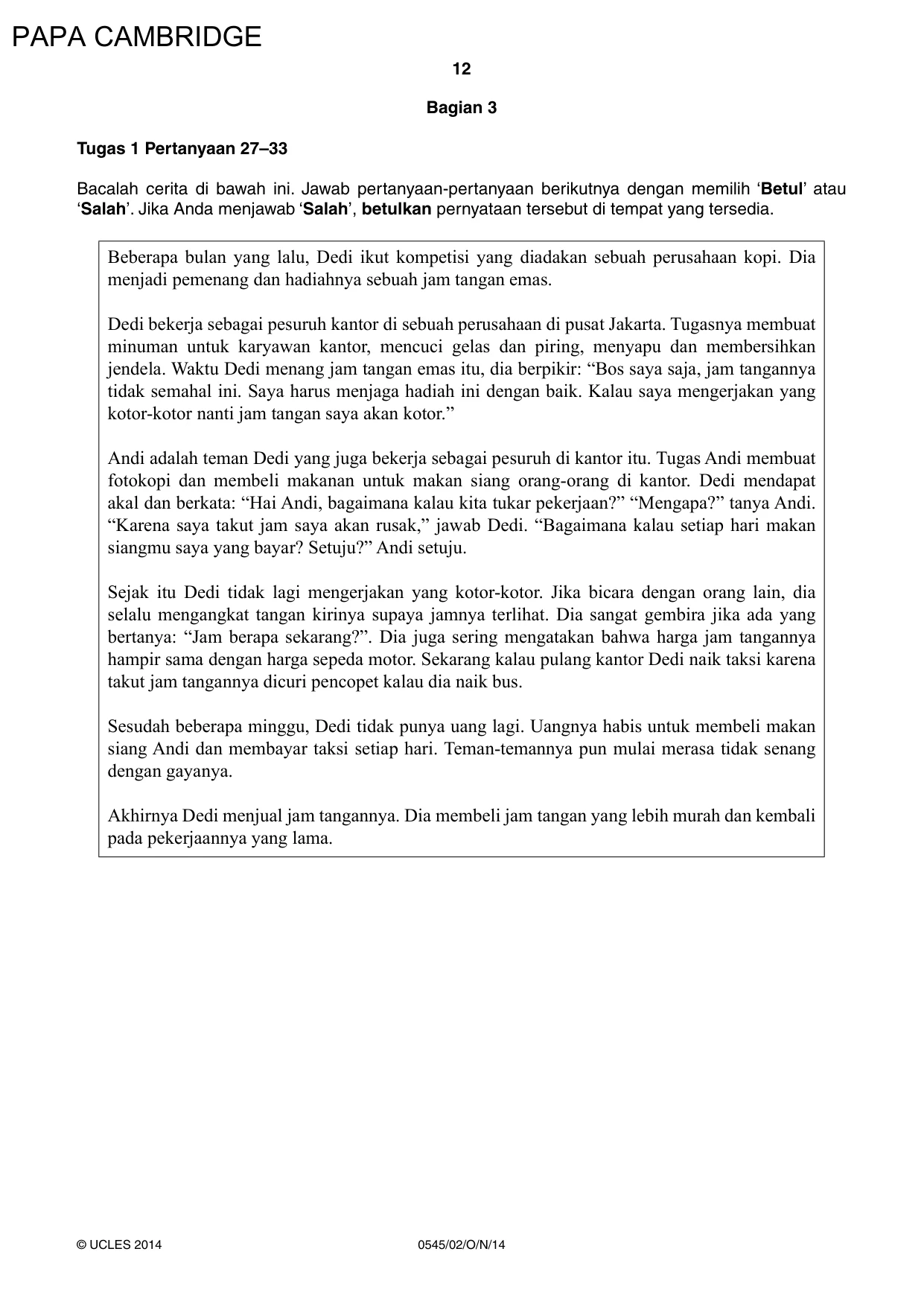 Cambridge IGCSE Indonesian - Foreign Language 0545 2014 Oct/Nov Paper 2 · Variant 1 question paper, page 12 of 16