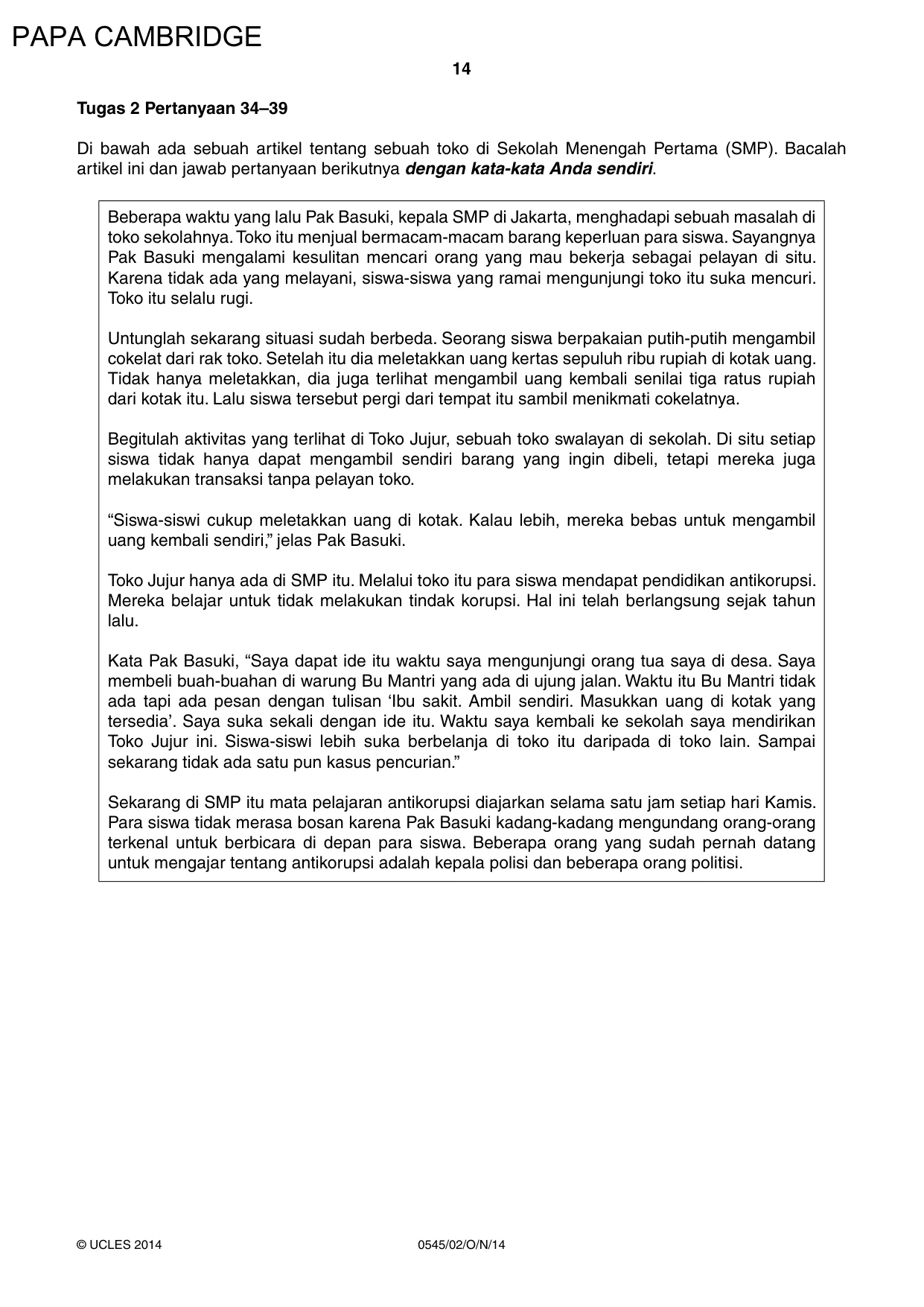 Cambridge IGCSE Indonesian - Foreign Language 0545 2014 Oct/Nov Paper 2 · Variant 1 question paper, page 14 of 16