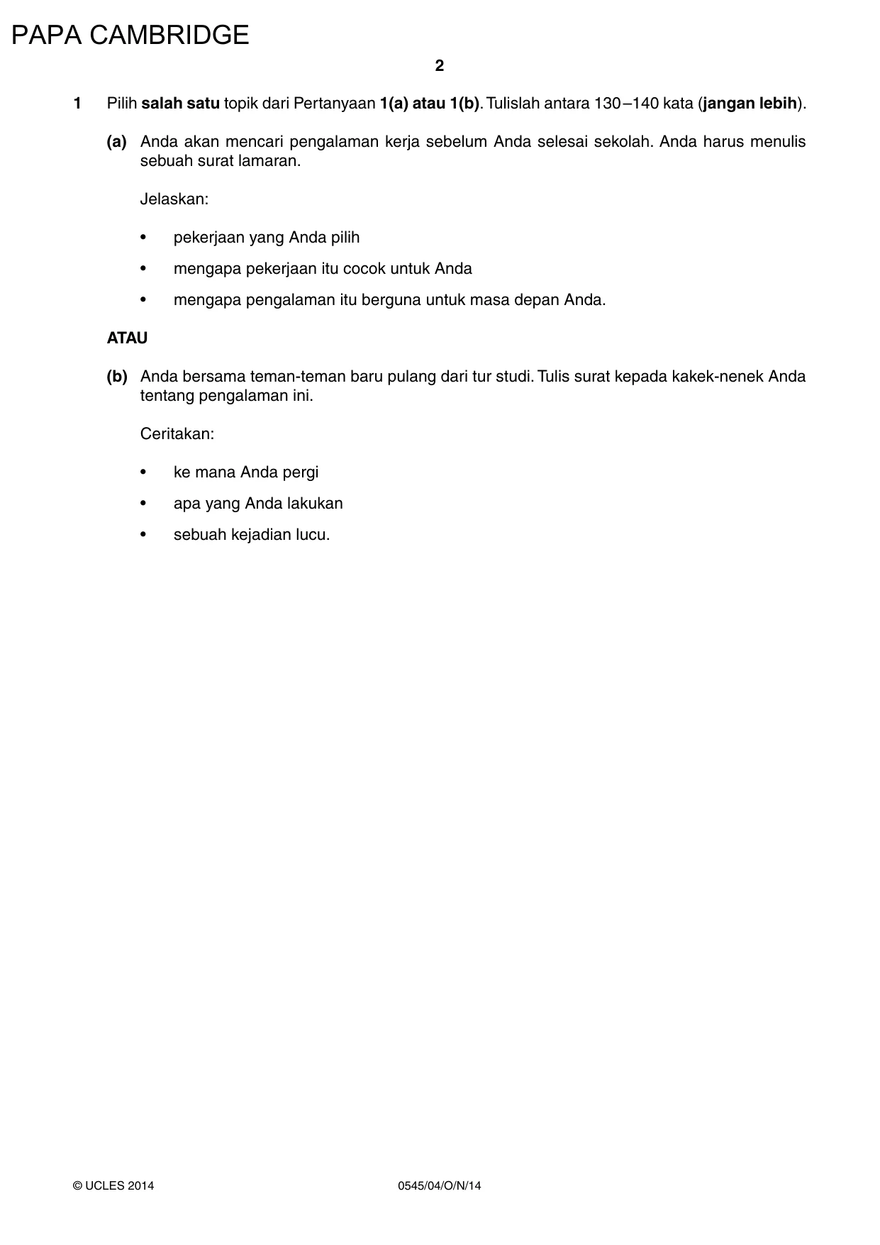 Cambridge IGCSE Indonesian - Foreign Language 0545 2014 Oct/Nov Paper 4 · Variant 1 question paper, page 2 of 4