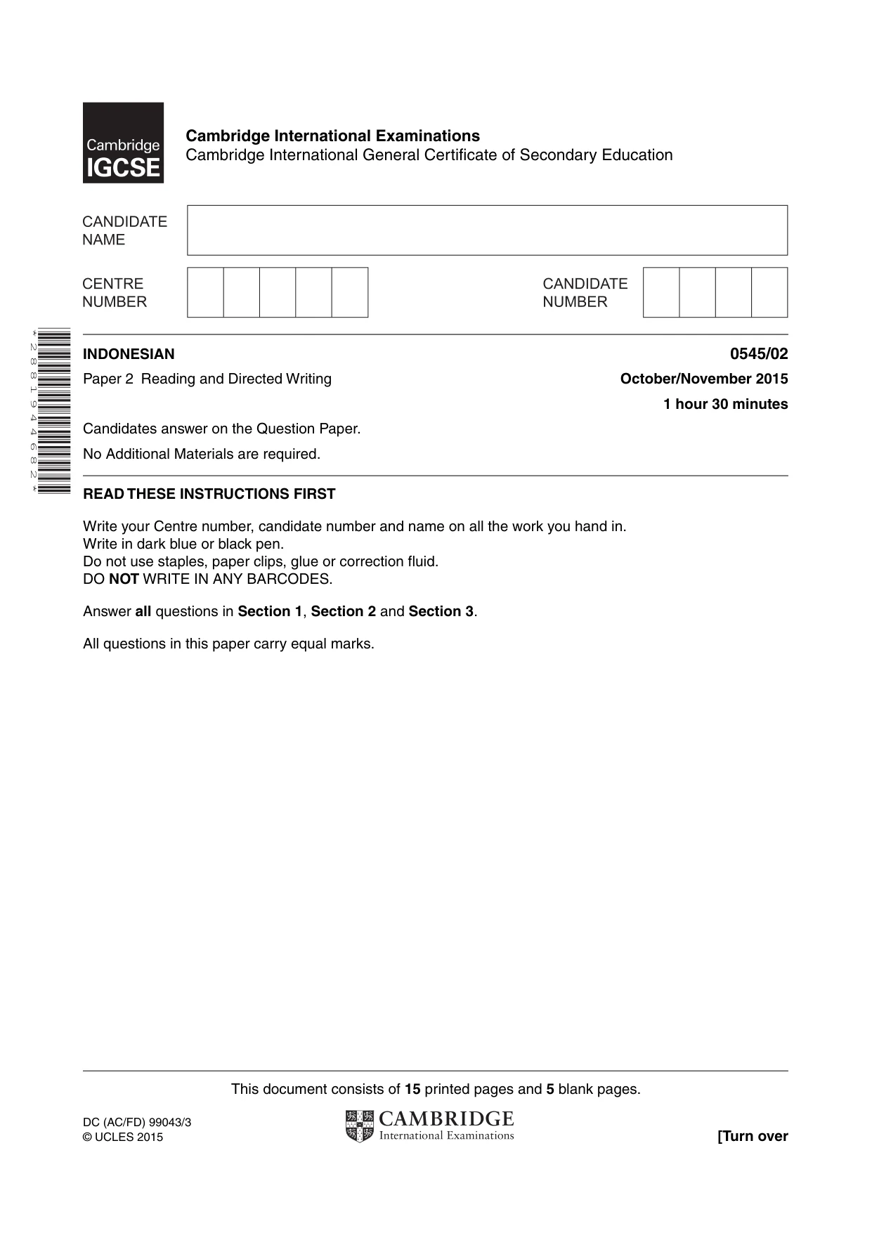 Cambridge IGCSE Indonesian - Foreign Language 0545 2015 Oct/Nov Paper 2 · Variant 1 question paper, page 1 of 20