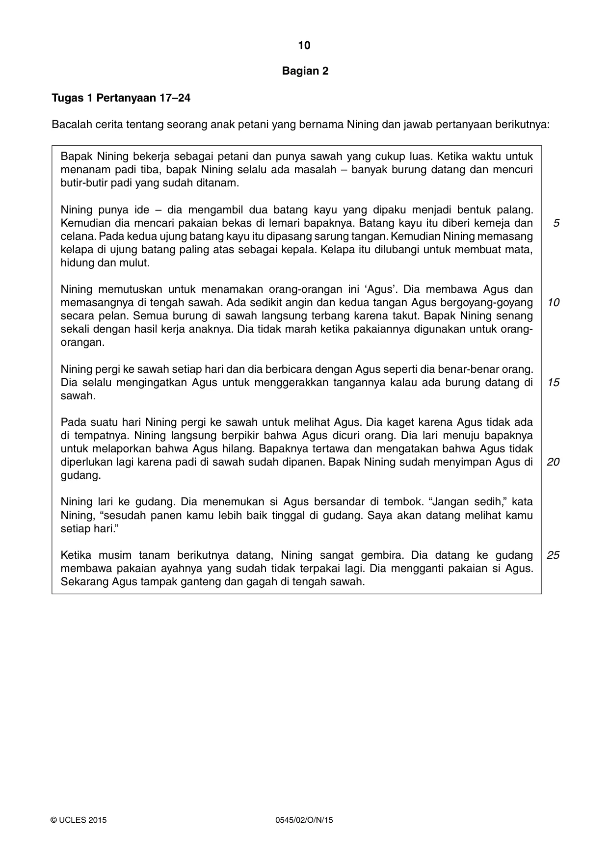 Cambridge IGCSE Indonesian - Foreign Language 0545 2015 Oct/Nov Paper 2 · Variant 1 question paper, page 10 of 20
