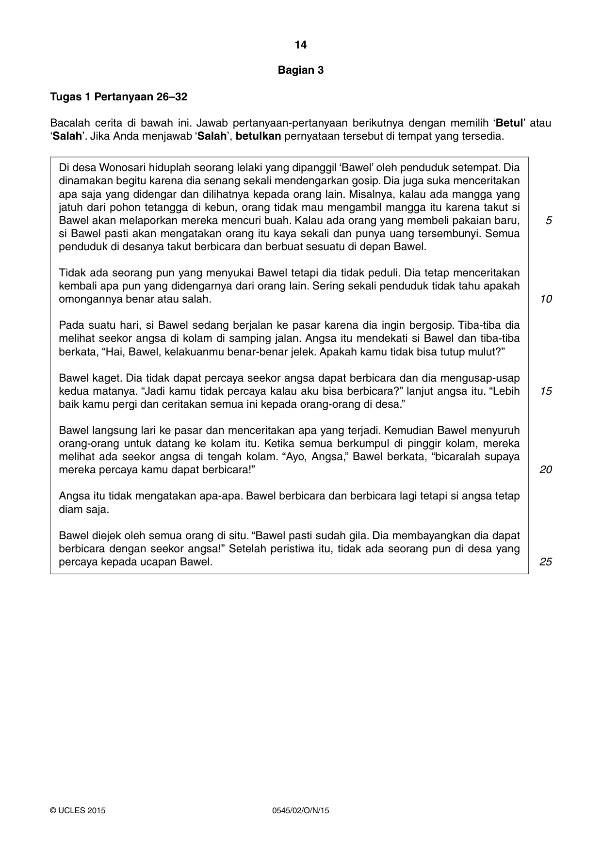 Cambridge IGCSE Indonesian - Foreign Language 0545 2015 Oct/Nov Paper 2 · Variant 1 question paper, page 14 of 20