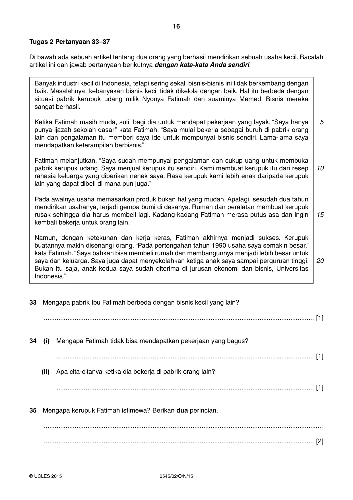 Cambridge IGCSE Indonesian - Foreign Language 0545 2015 Oct/Nov Paper 2 · Variant 1 question paper, page 16 of 20