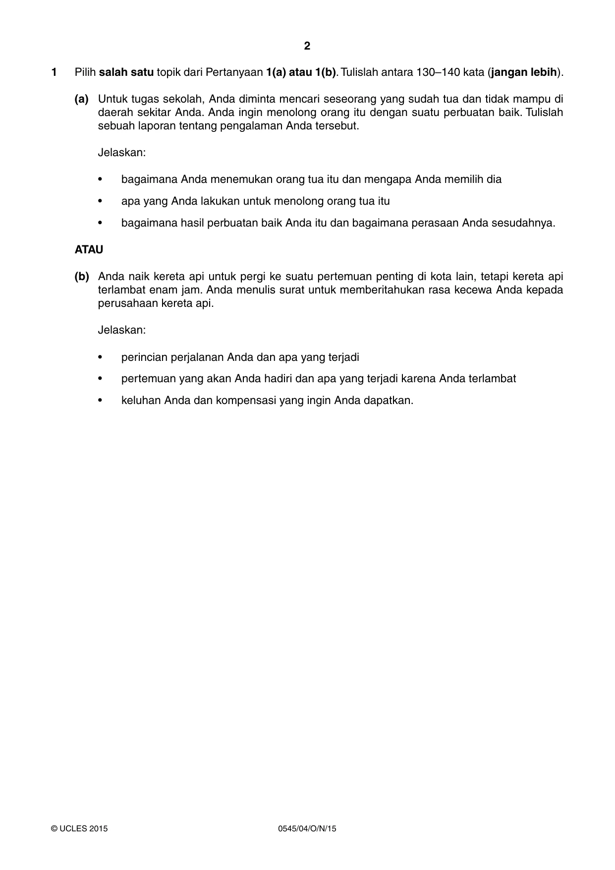 Cambridge IGCSE Indonesian - Foreign Language 0545 2015 Oct/Nov Paper 4 · Variant 1 question paper, page 2 of 4