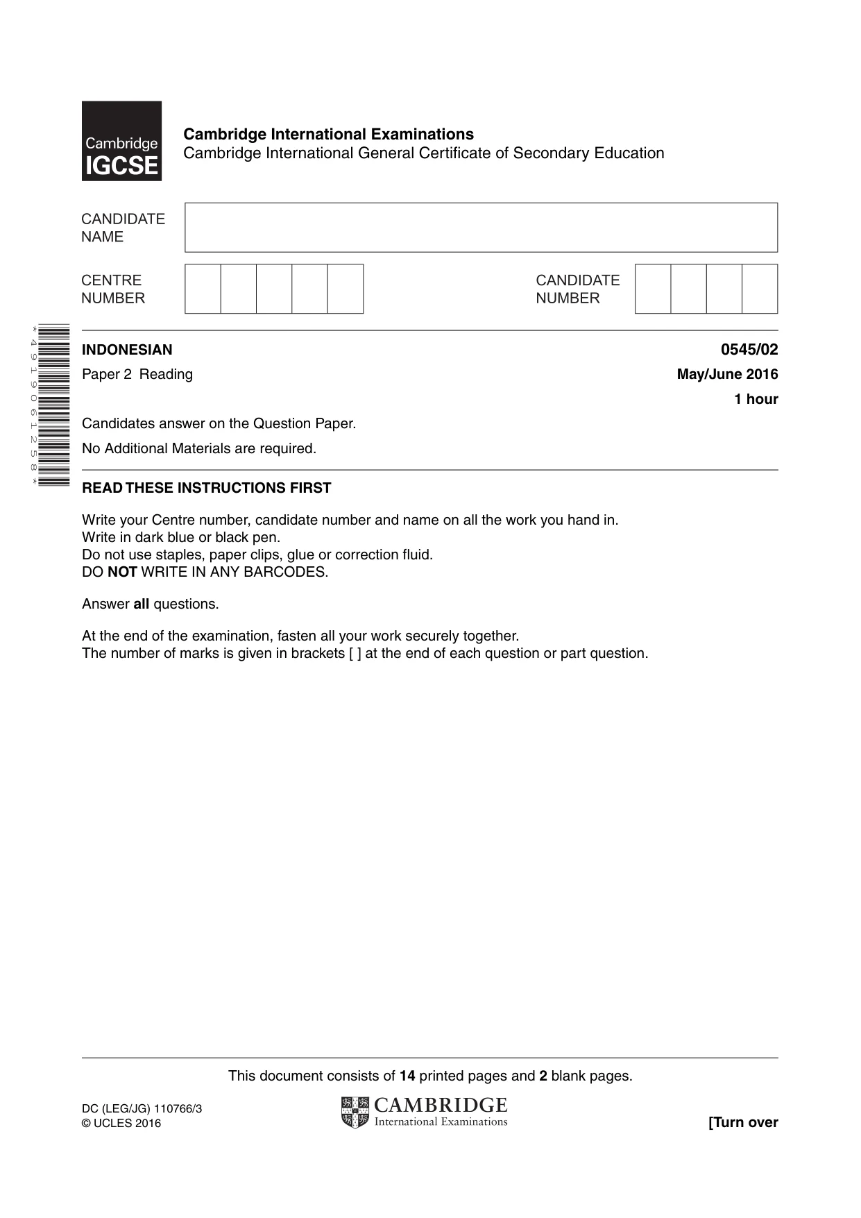 Cambridge IGCSE Indonesian - Foreign Language 0545 2016 May/June Paper 2 · Variant 0 question paper, page 1 of 16
