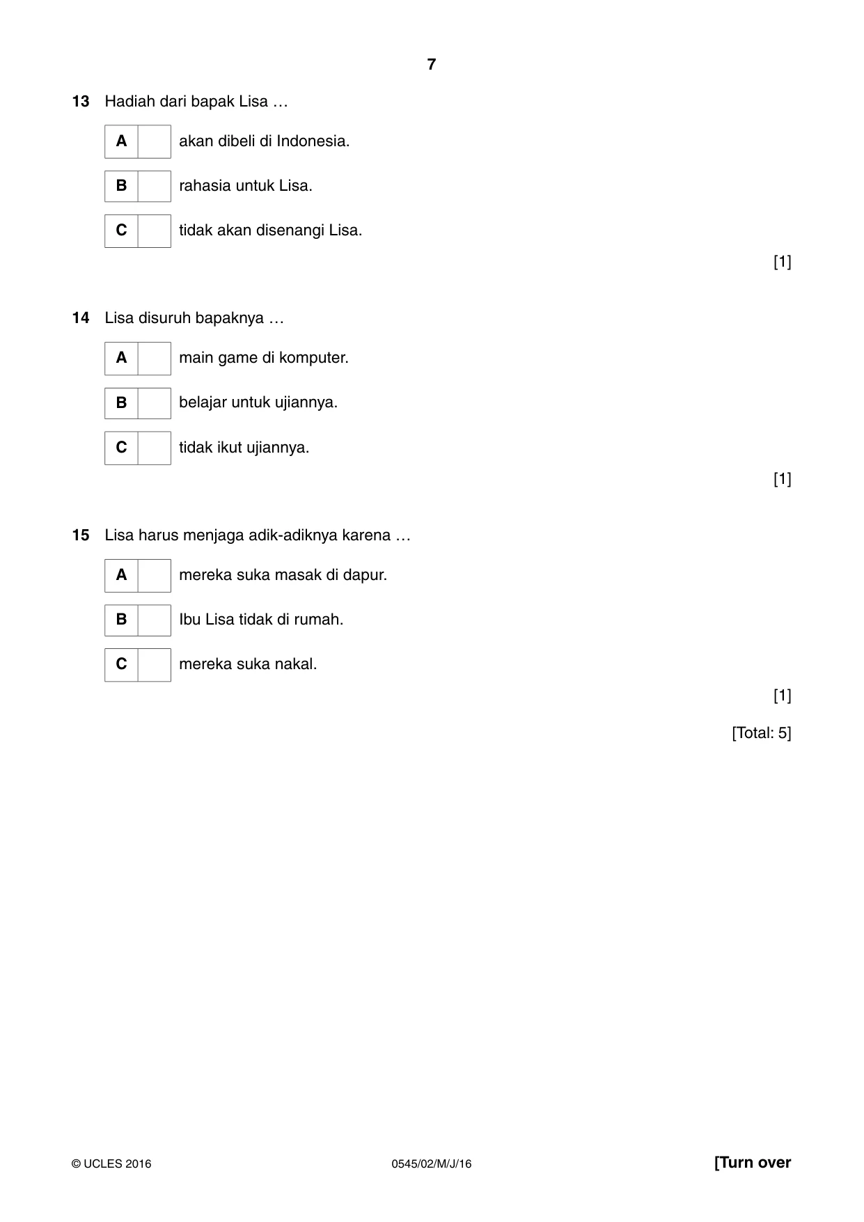 Cambridge IGCSE Indonesian - Foreign Language 0545 2016 May/June Paper 2 · Variant 0 question paper, page 7 of 16