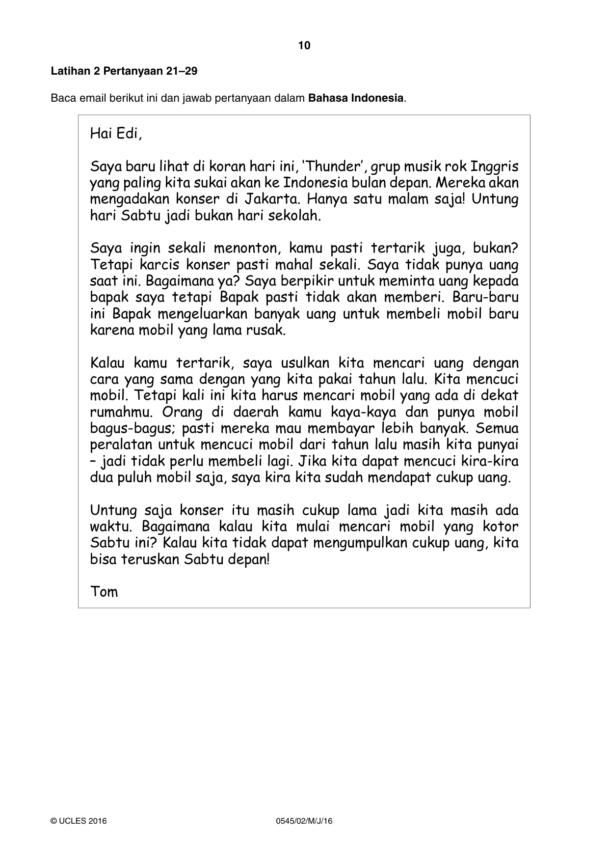 Cambridge IGCSE Indonesian - Foreign Language 0545 2016 May/June Paper 2 · Variant 0 question paper, page 10 of 16