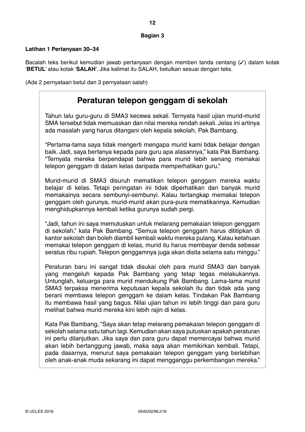 Cambridge IGCSE Indonesian - Foreign Language 0545 2016 May/June Paper 2 · Variant 0 question paper, page 12 of 16