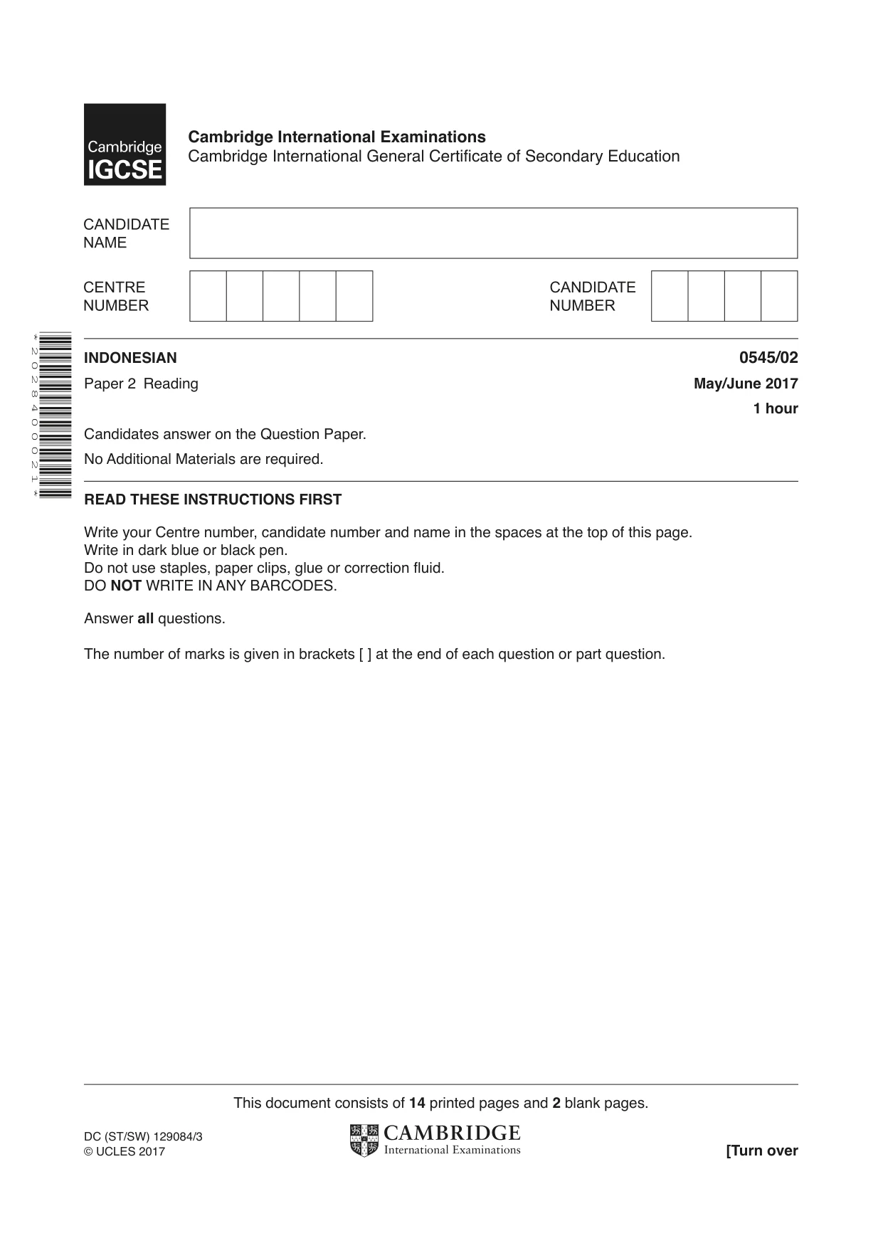Cambridge IGCSE Indonesian - Foreign Language 0545 2017 May/June Paper 2 · Variant 1 question paper, page 1 of 16