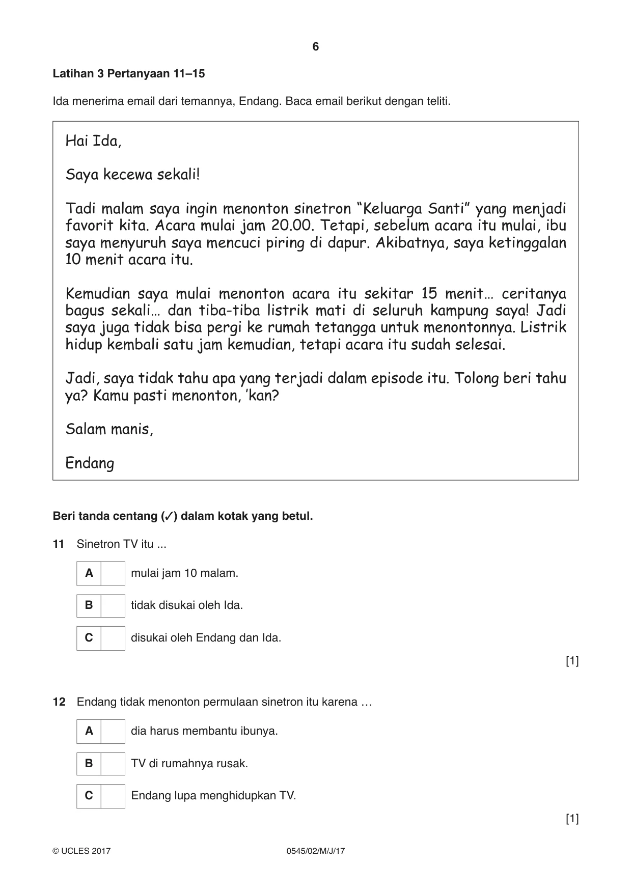 Cambridge IGCSE Indonesian - Foreign Language 0545 2017 May/June Paper 2 · Variant 1 question paper, page 6 of 16