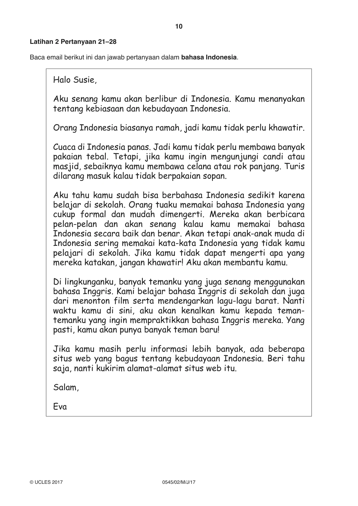 Cambridge IGCSE Indonesian - Foreign Language 0545 2017 May/June Paper 2 · Variant 1 question paper, page 10 of 16