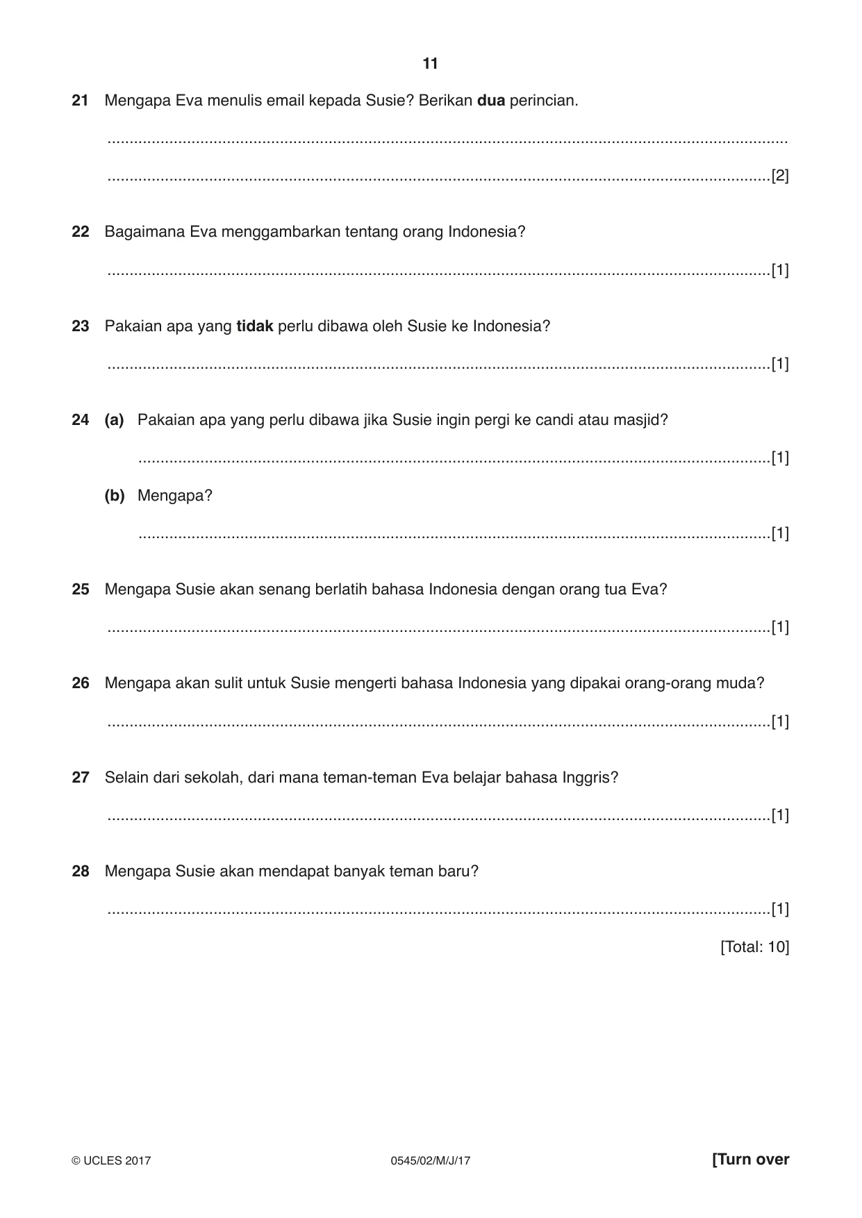 Cambridge IGCSE Indonesian - Foreign Language 0545 2017 May/June Paper 2 · Variant 1 question paper, page 11 of 16