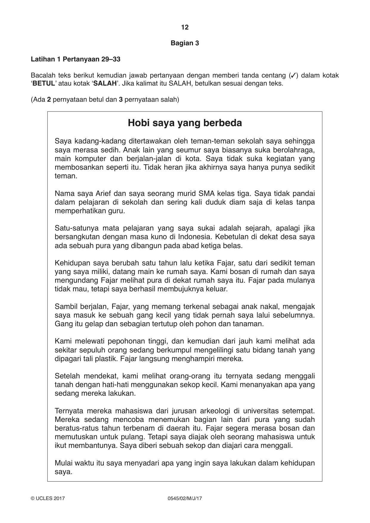 Cambridge IGCSE Indonesian - Foreign Language 0545 2017 May/June Paper 2 · Variant 1 question paper, page 12 of 16