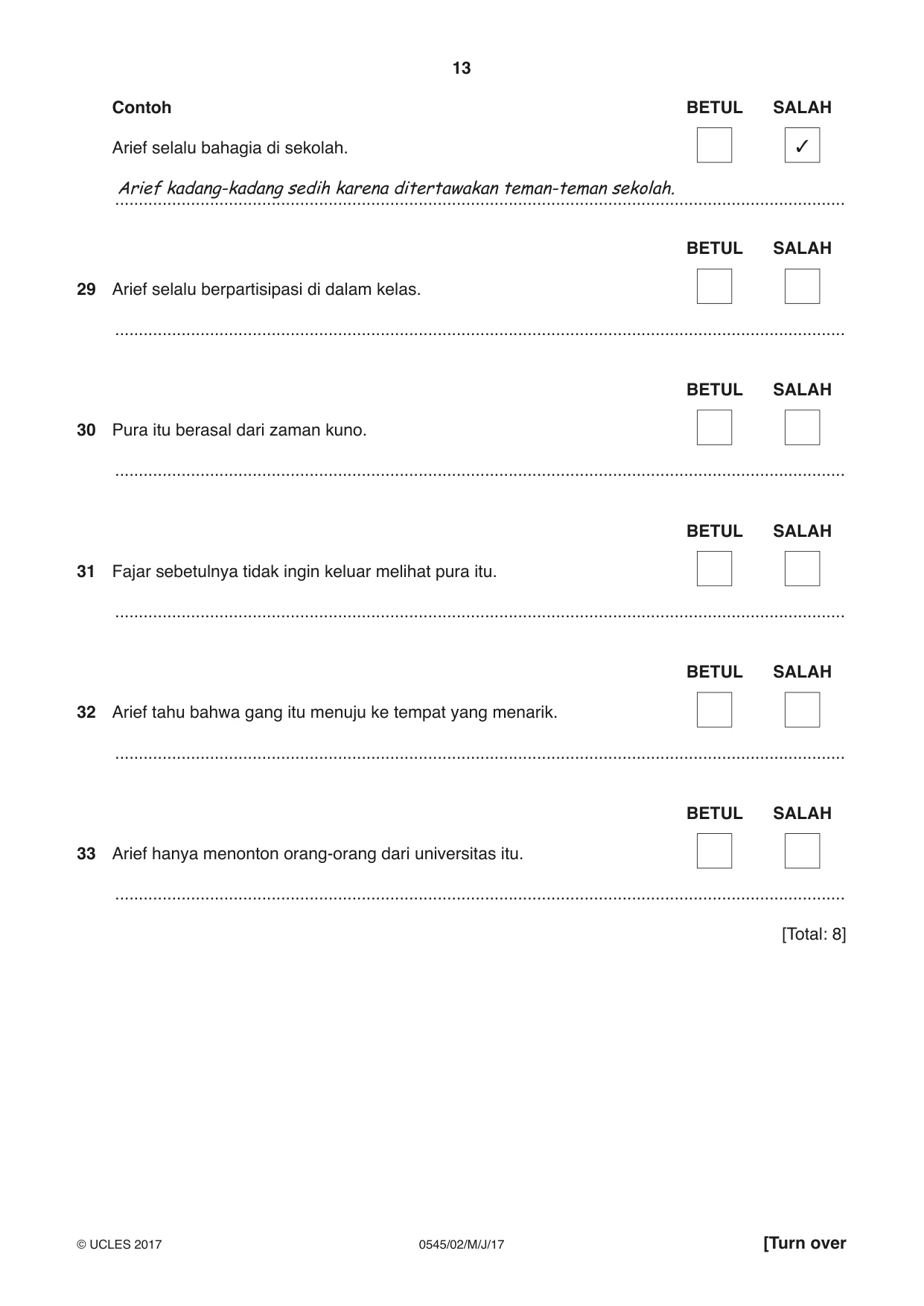 Cambridge IGCSE Indonesian - Foreign Language 0545 2017 May/June Paper 2 · Variant 1 question paper, page 13 of 16