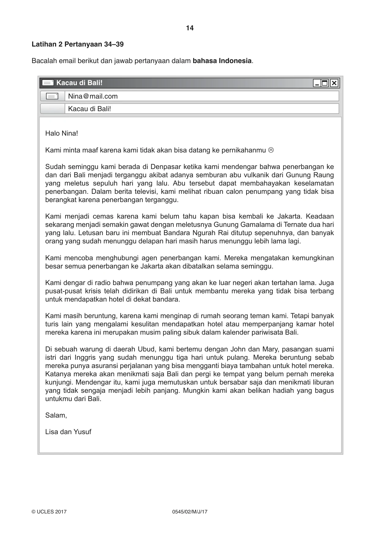 Cambridge IGCSE Indonesian - Foreign Language 0545 2017 May/June Paper 2 · Variant 1 question paper, page 14 of 16