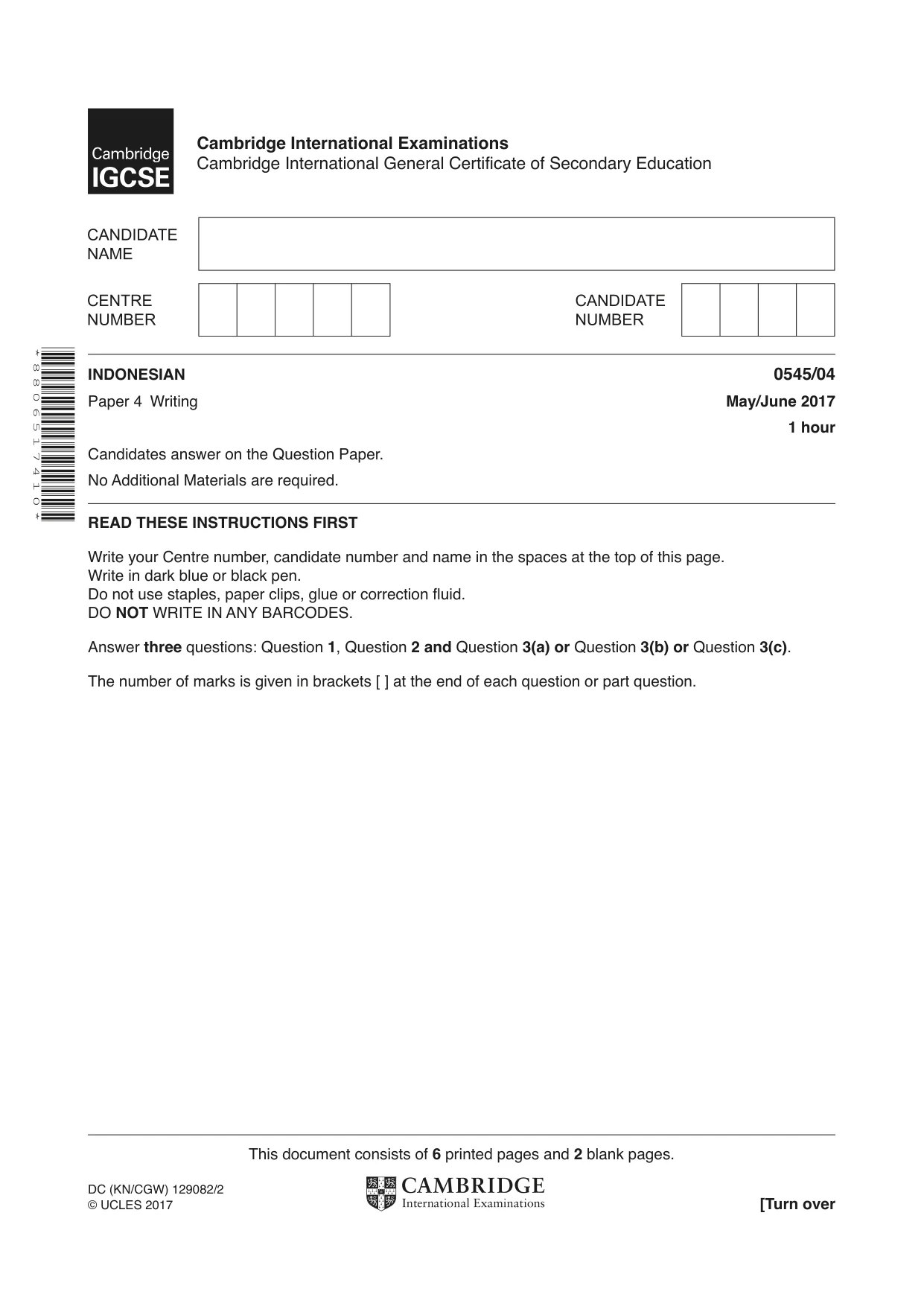 Cambridge IGCSE Indonesian - Foreign Language 0545 2017 May/June Paper 4 · Variant 1 question paper, page 1 of 8