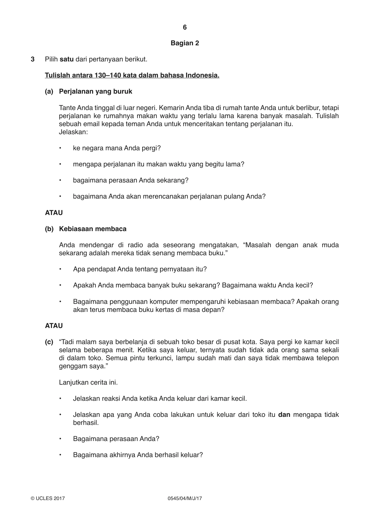 Cambridge IGCSE Indonesian - Foreign Language 0545 2017 May/June Paper 4 · Variant 1 question paper, page 6 of 8