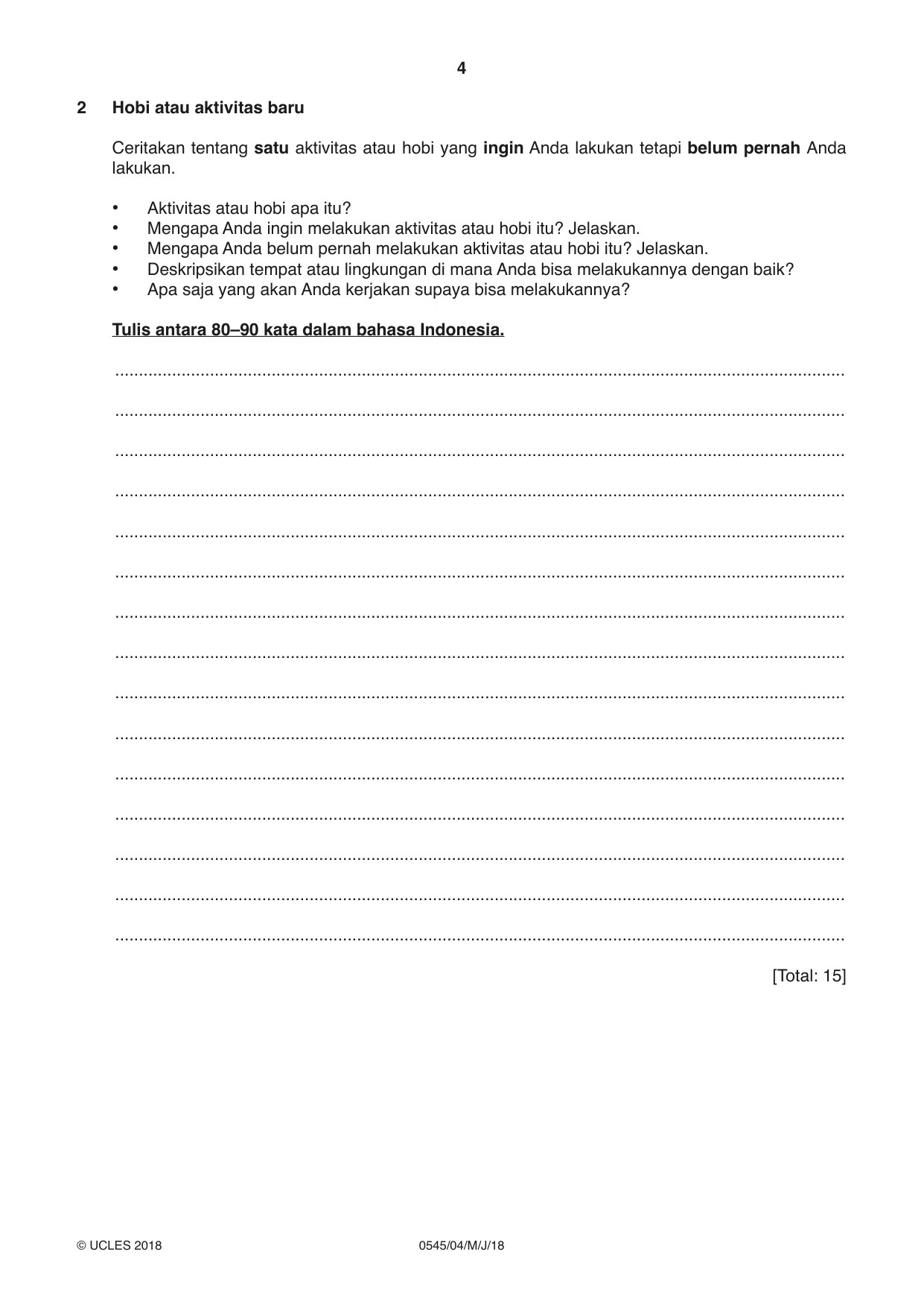 Cambridge IGCSE Indonesian - Foreign Language 0545 2018 May/June Paper 4 · Variant 0 question paper, page 4 of 8