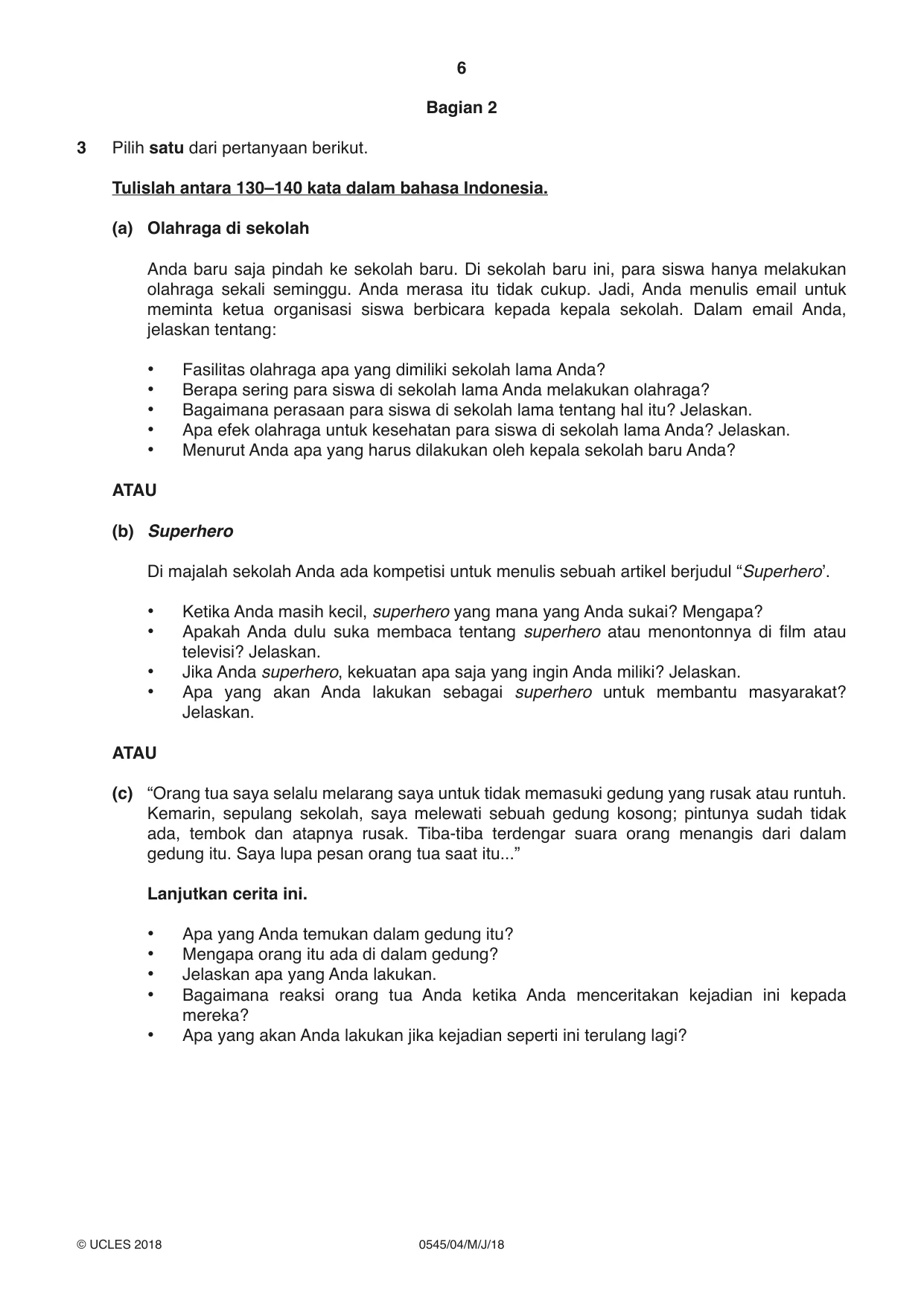 Cambridge IGCSE Indonesian - Foreign Language 0545 2018 May/June Paper 4 · Variant 0 question paper, page 6 of 8