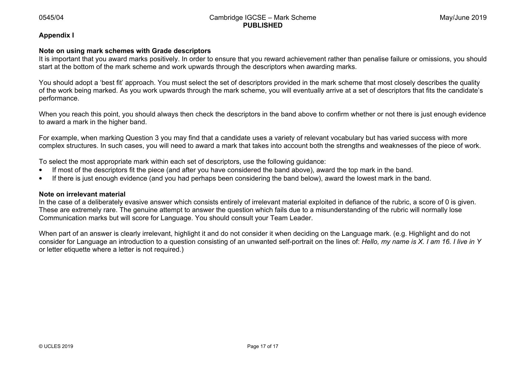 Mark scheme, page 17 of 17