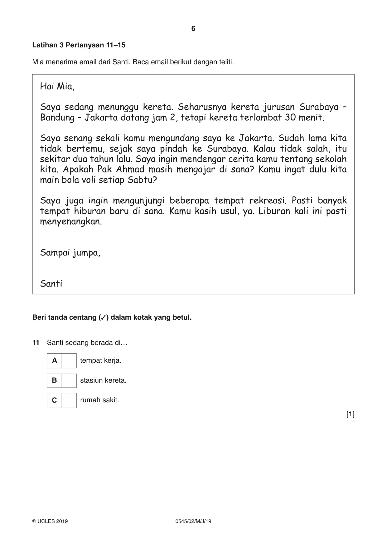 Cambridge IGCSE Indonesian - Foreign Language 0545 2019 May/June Paper 2 · Variant 1 question paper, page 6 of 16