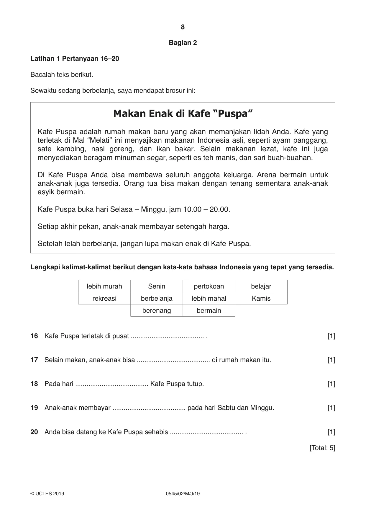 Cambridge IGCSE Indonesian - Foreign Language 0545 2019 May/June Paper 2 · Variant 1 question paper, page 8 of 16