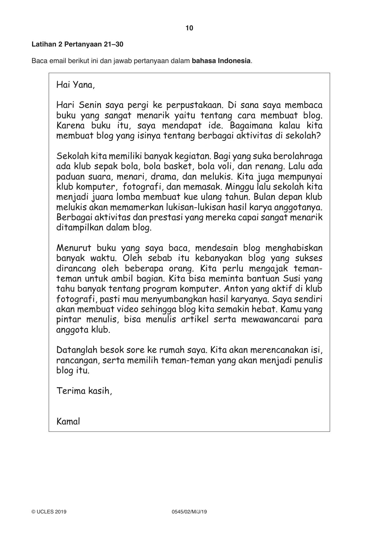 Cambridge IGCSE Indonesian - Foreign Language 0545 2019 May/June Paper 2 · Variant 1 question paper, page 10 of 16