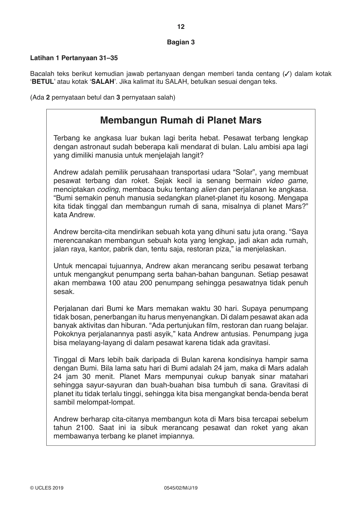 Cambridge IGCSE Indonesian - Foreign Language 0545 2019 May/June Paper 2 · Variant 1 question paper, page 12 of 16