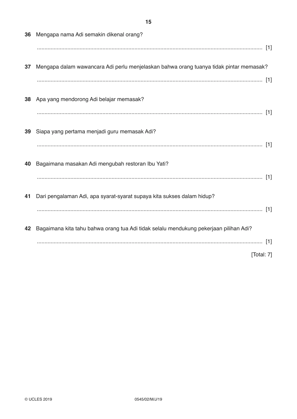Cambridge IGCSE Indonesian - Foreign Language 0545 2019 May/June Paper 2 · Variant 1 question paper, page 15 of 16