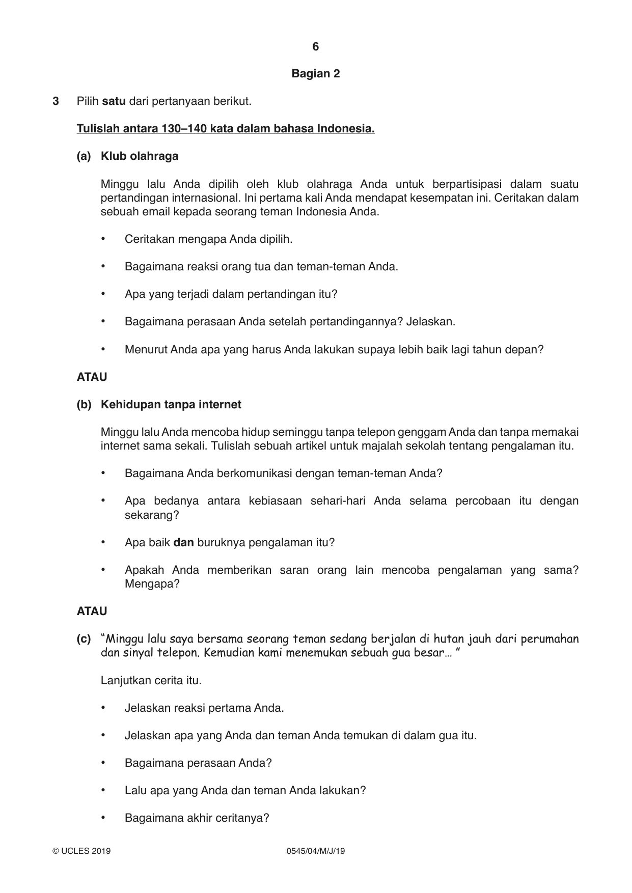 Cambridge IGCSE Indonesian - Foreign Language 0545 2019 May/June Paper 4 · Variant 1 question paper, page 6 of 8