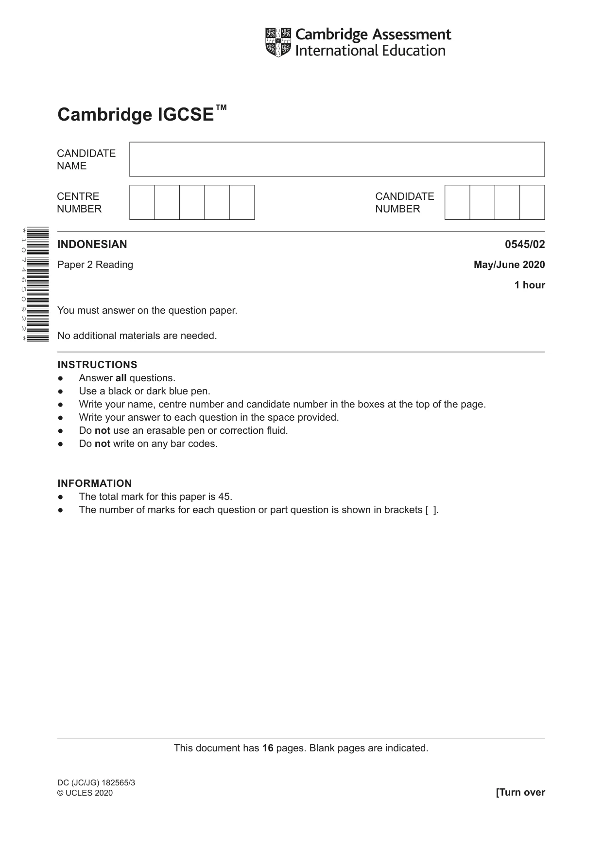 Cambridge IGCSE Indonesian - Foreign Language 0545 2020 May/June Paper 2 · Variant 0 question paper, page 1 of 16