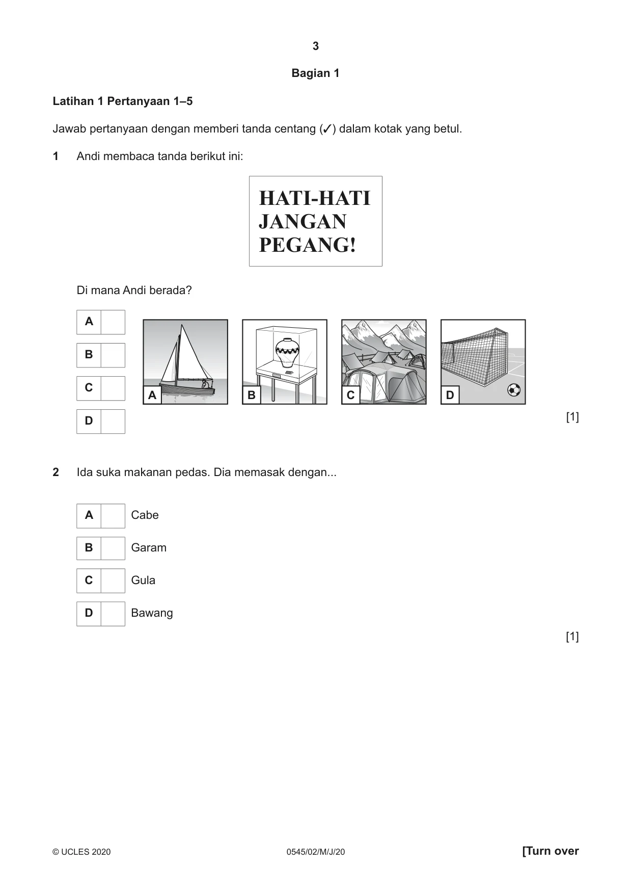 Cambridge IGCSE Indonesian - Foreign Language 0545 2020 May/June Paper 2 · Variant 0 question paper, page 3 of 16