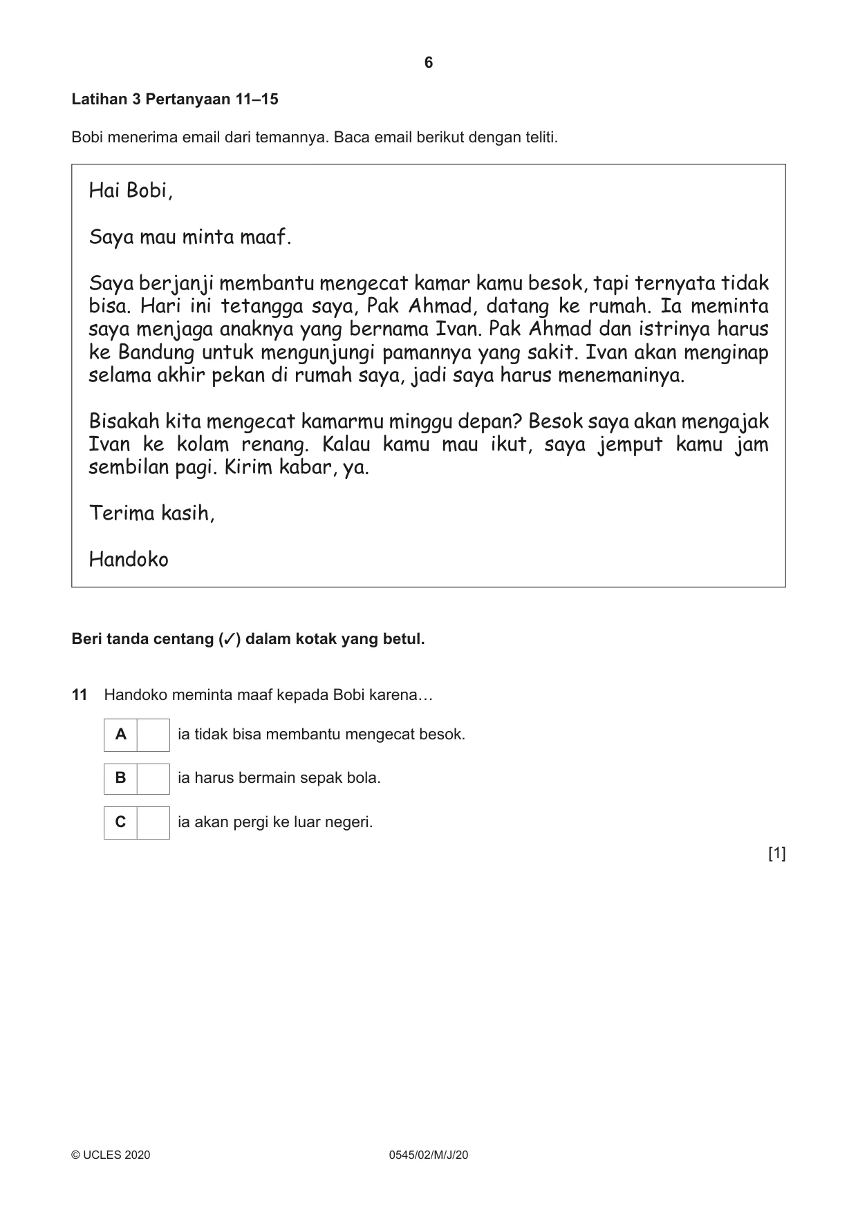 Cambridge IGCSE Indonesian - Foreign Language 0545 2020 May/June Paper 2 · Variant 0 question paper, page 6 of 16